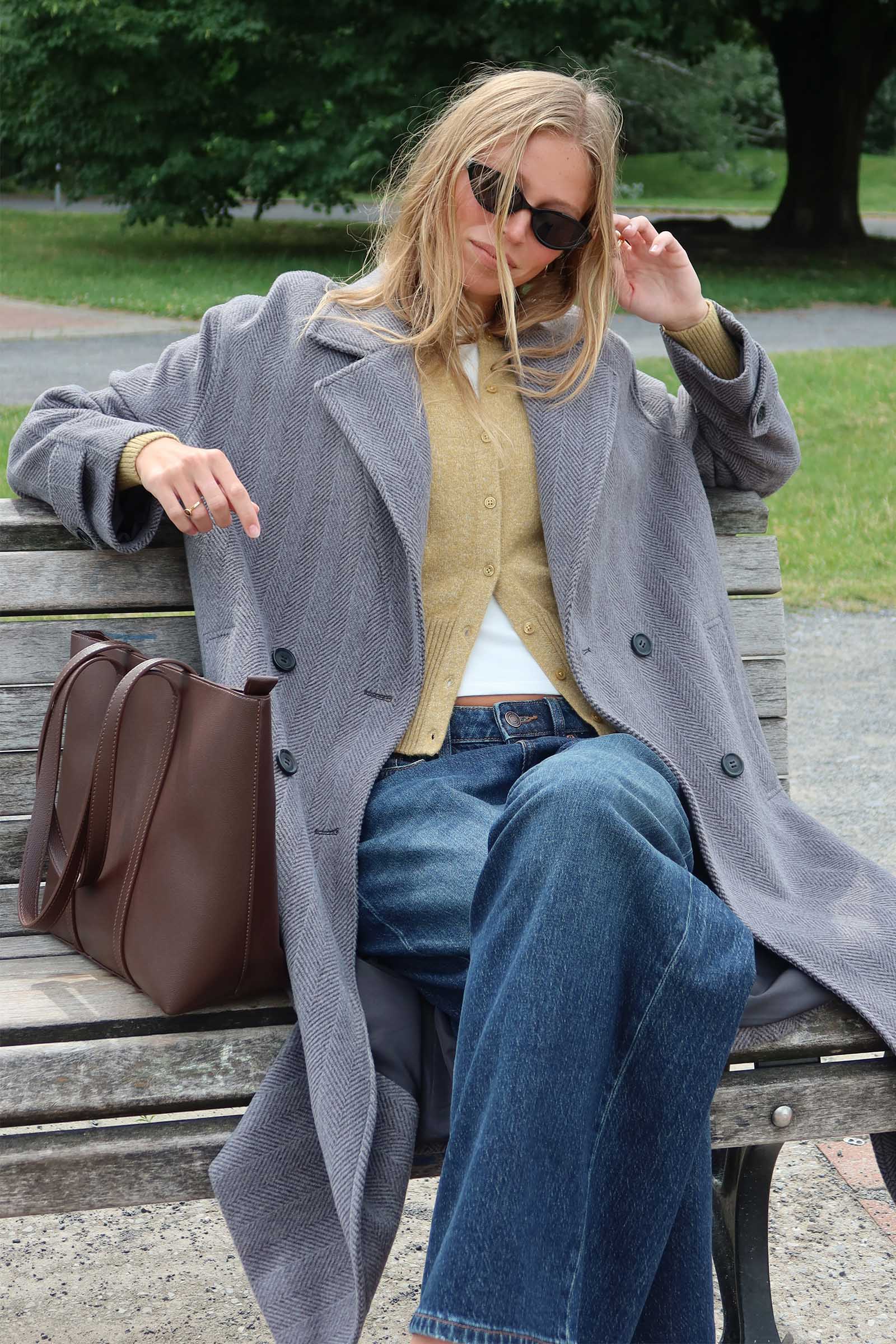 Oversized Herringbone Double Breasted Coat