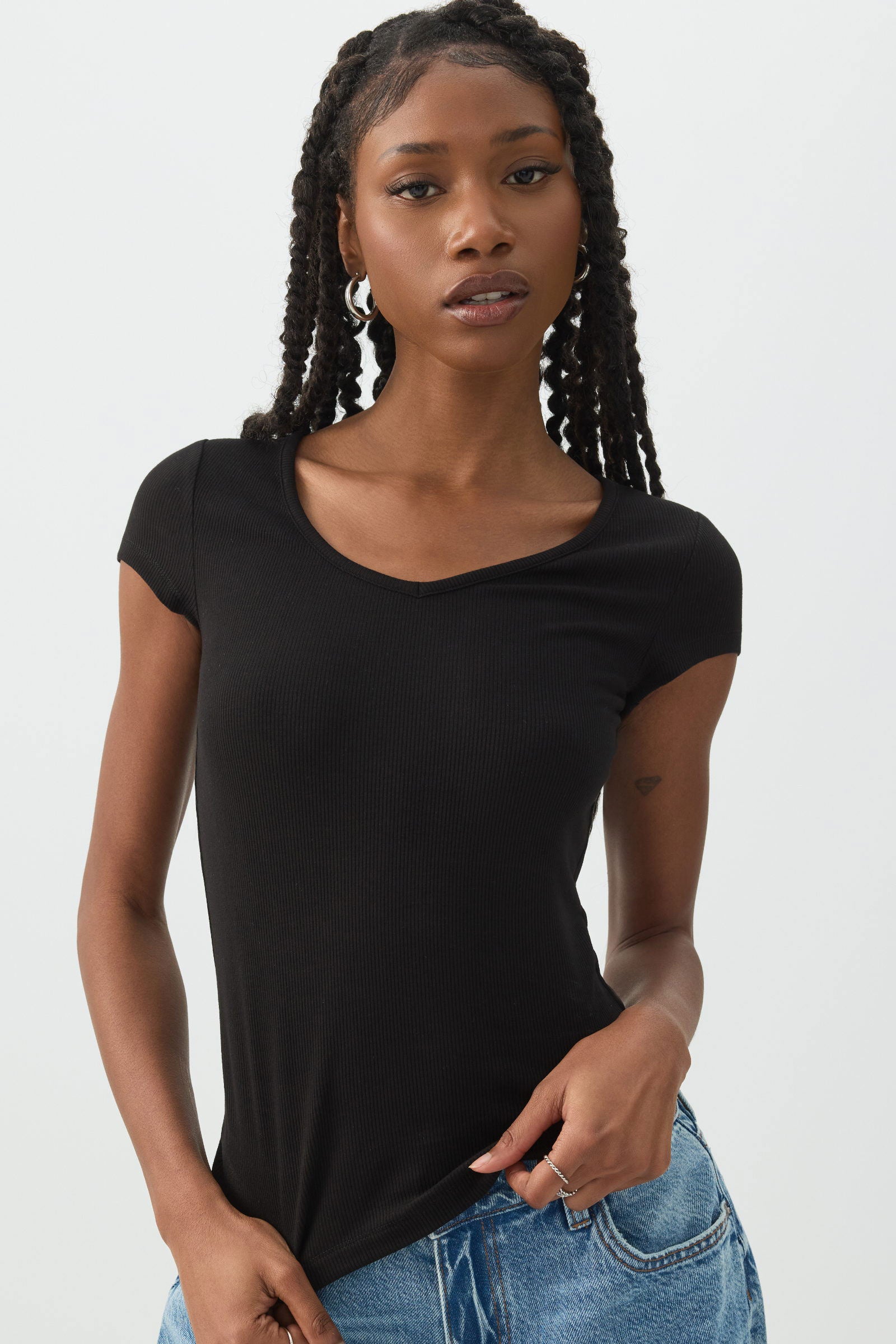 トップス Eaphi MULTI SHOULDER PARTS RIB TOPS Stretch Rib Scoop Neck Cap Sleeve Top – Ardene