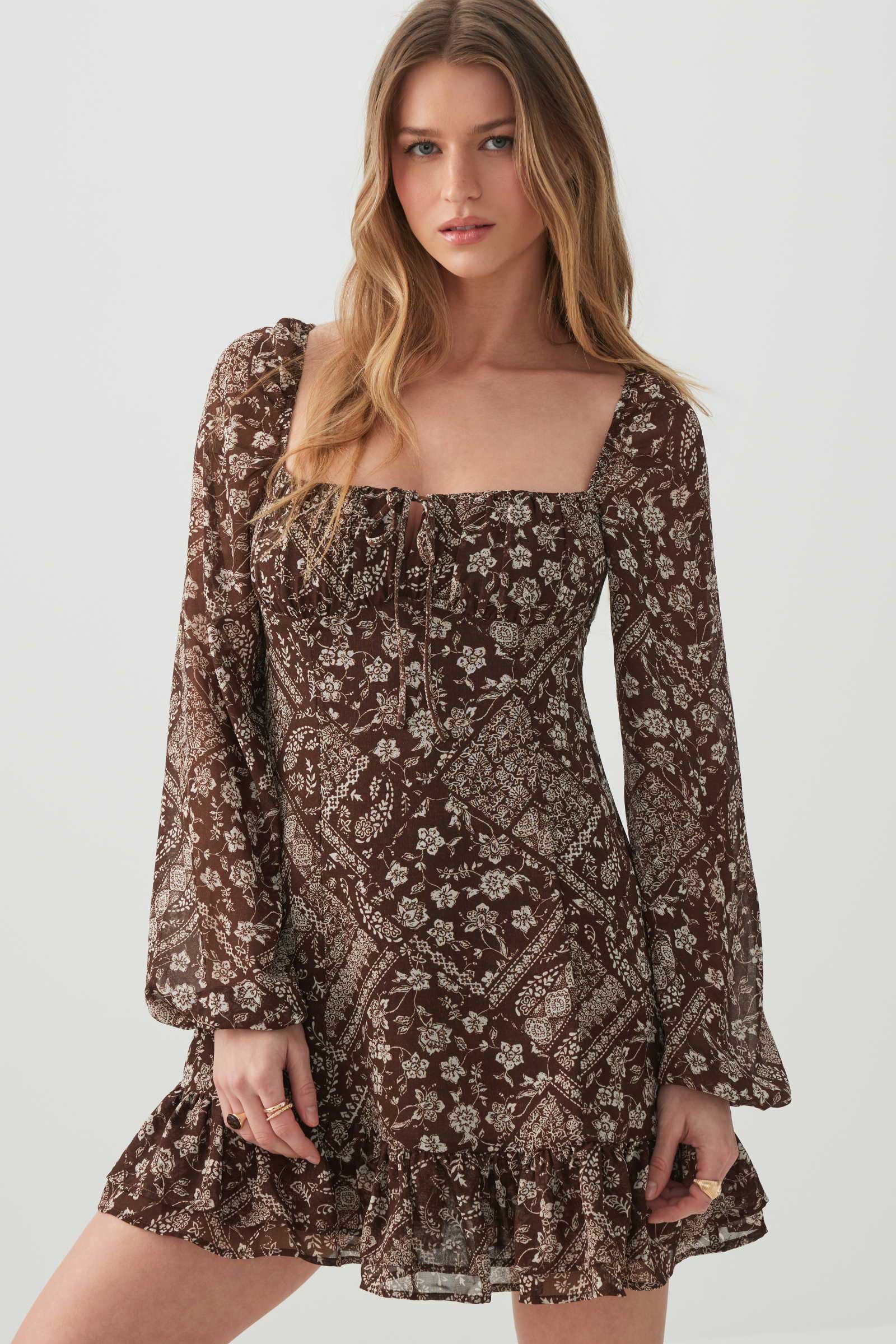 Ardene Women's Chiffon Long Sleeve Mini Dress in Brown | Size Medium