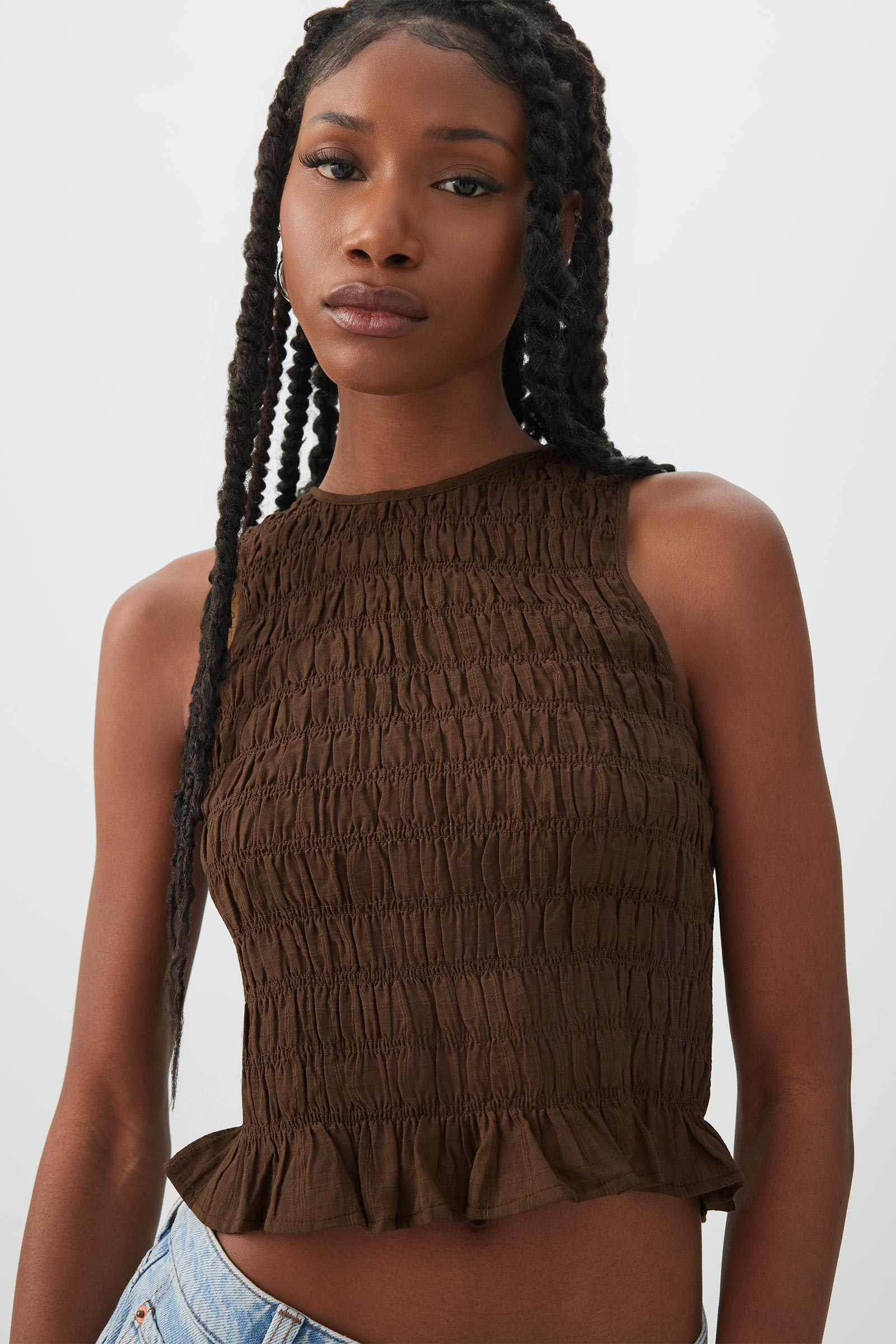 Smocked Crop Tank Top Brown | Ardene Canada