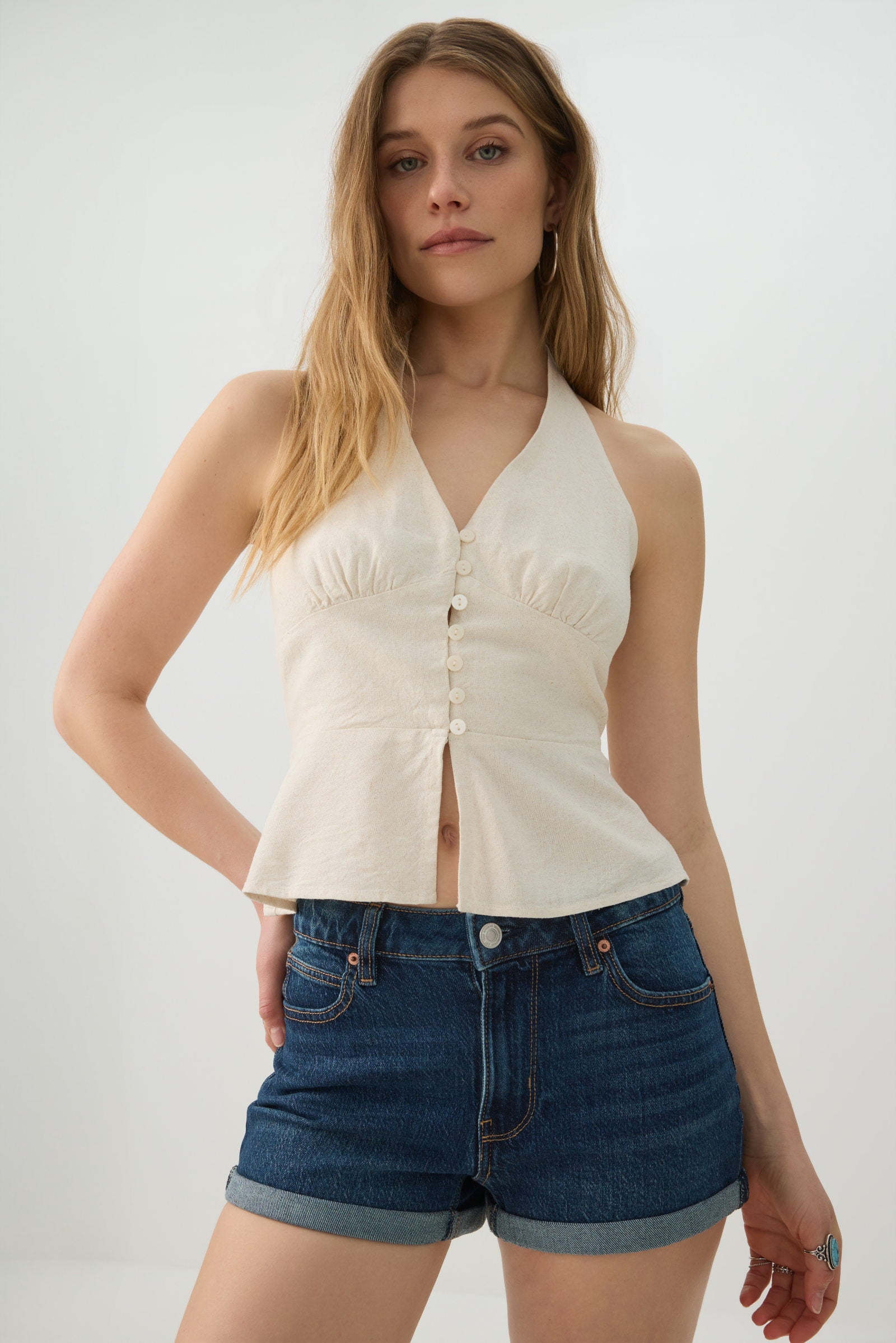 High Rise Denim Cuffed Short Shorts