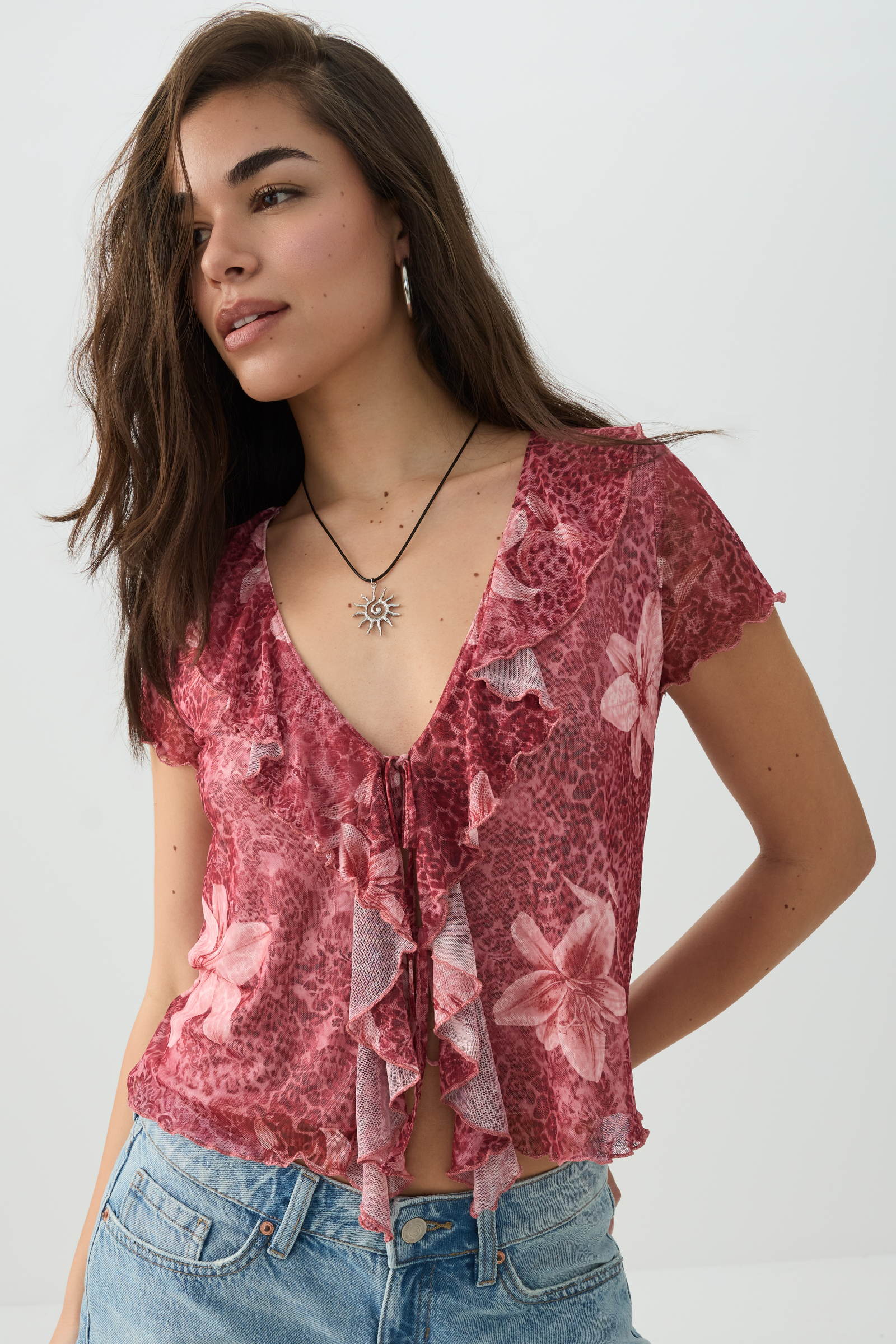 Floral Mesh Tie Front Top – Ardene