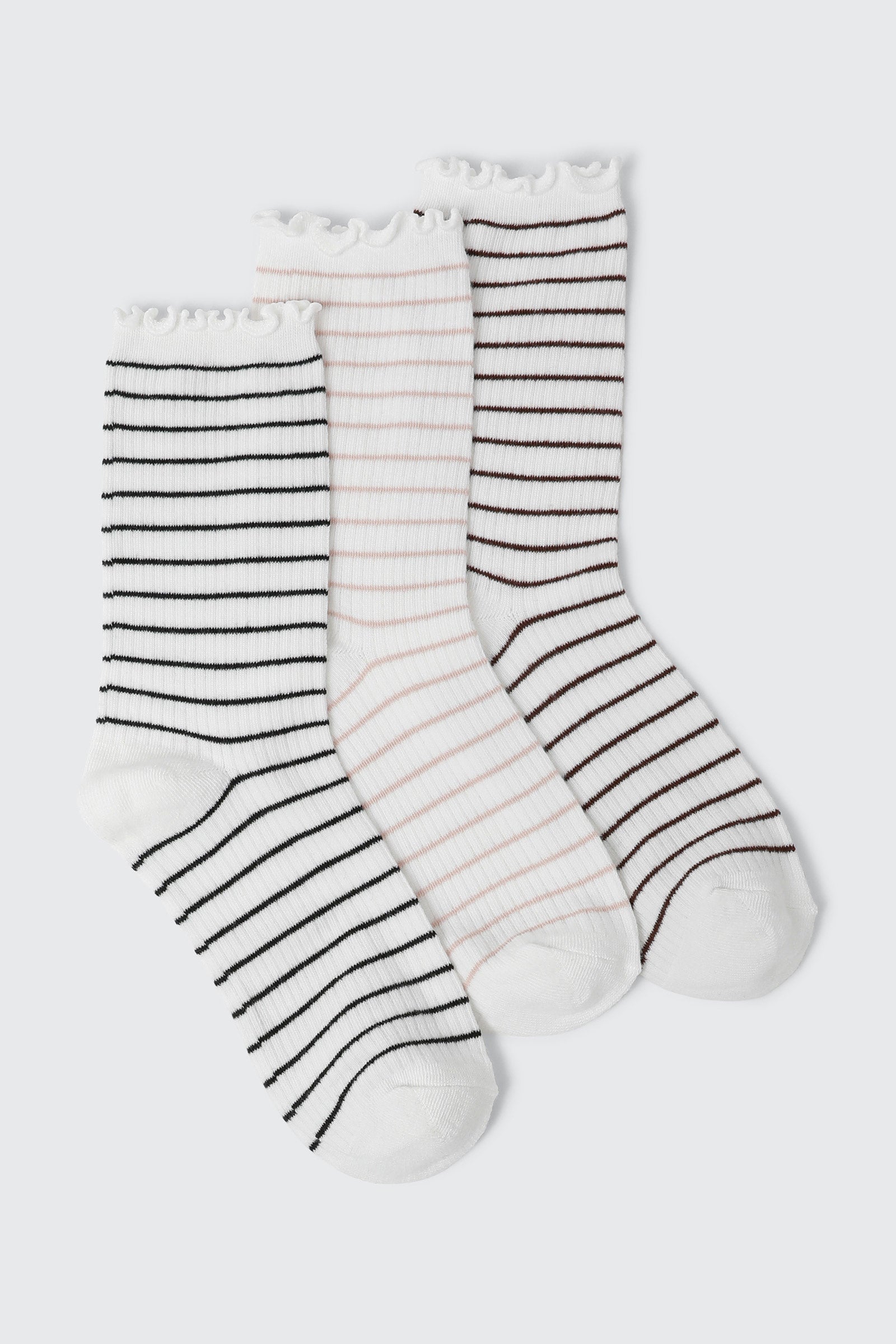 3 Pairs Striped Lettuce Edge Crew Socks