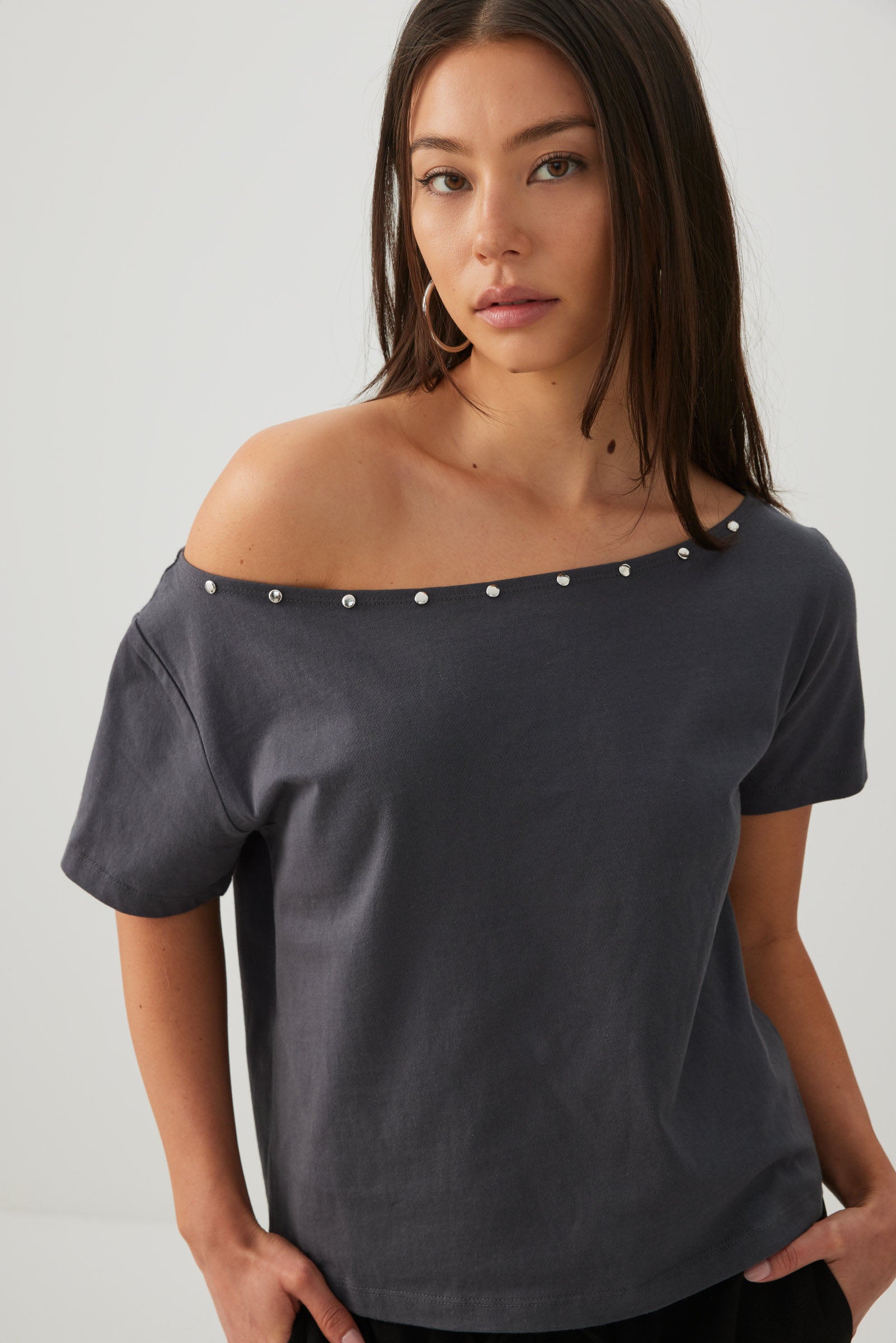 Studded Off Shoulder T-Shirt | Ardene