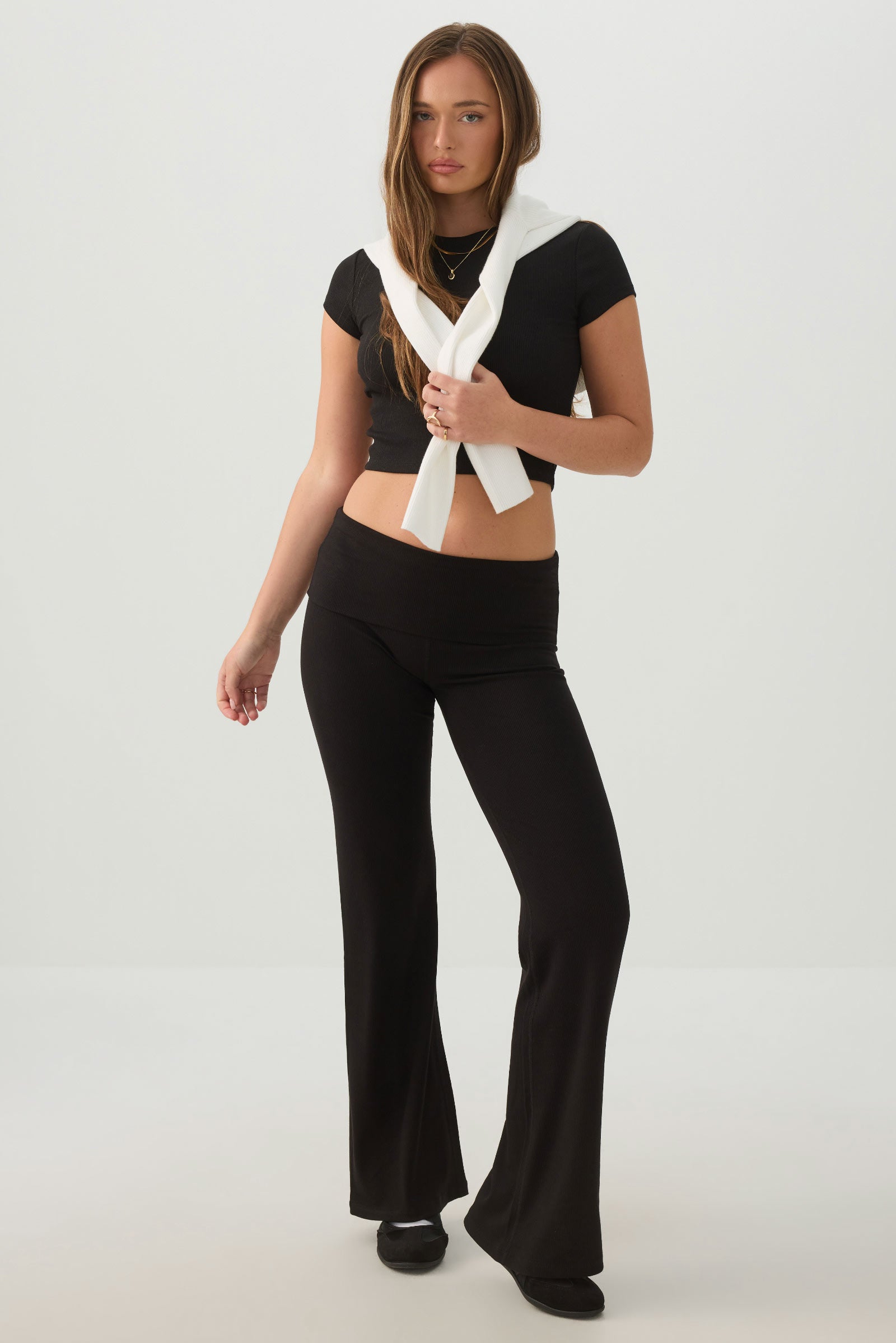 Rib Fold Over Waist Flare Leggings