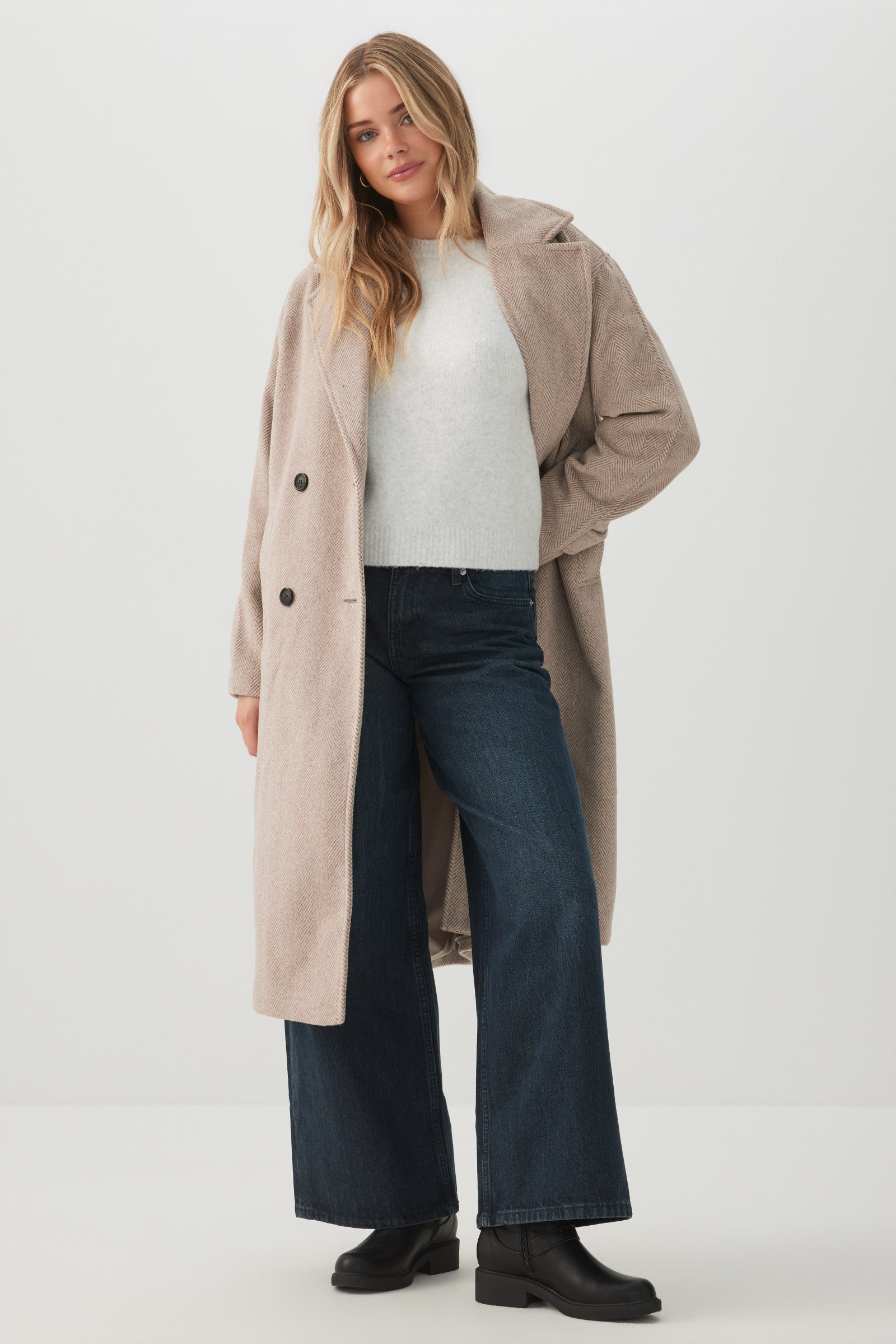 Oversized Herringbone Double Breasted Coat