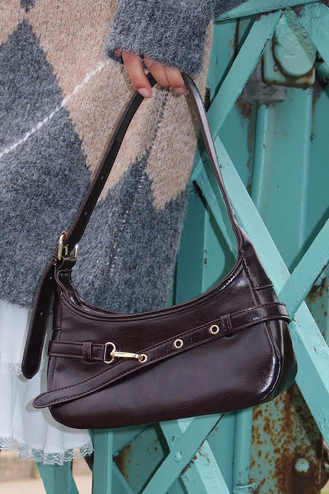 Faux Leather Shoulder Bag with Buckle Strap