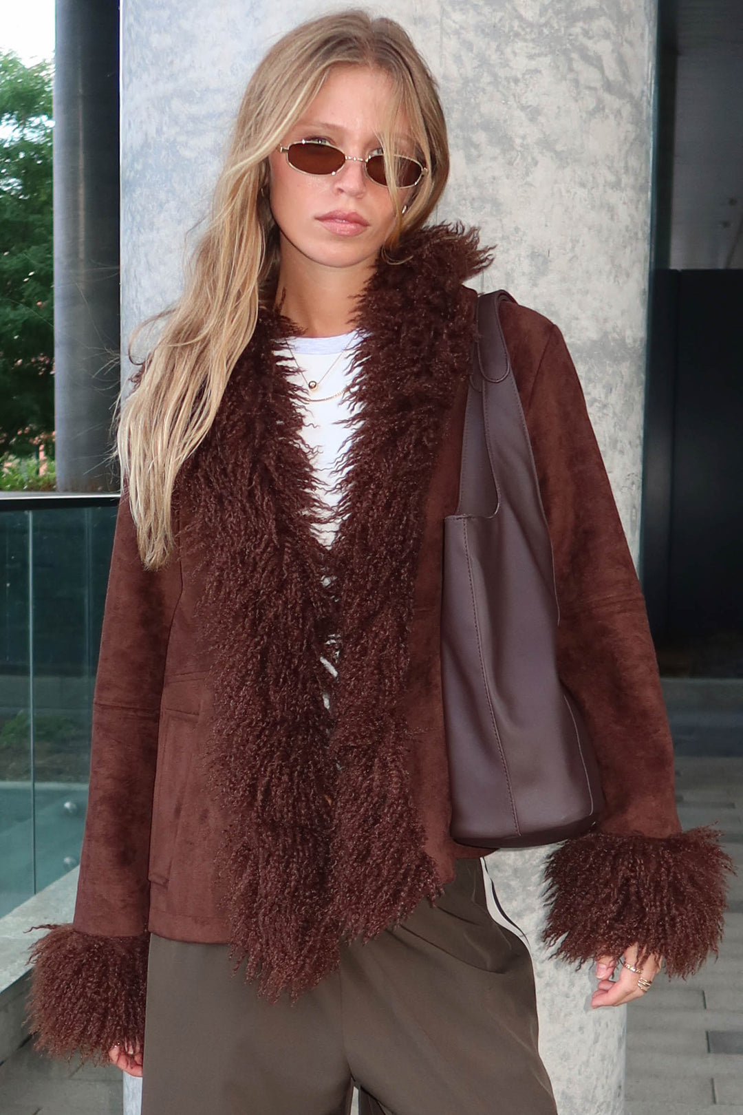 Faux Suede Shaggy Collar Jacket