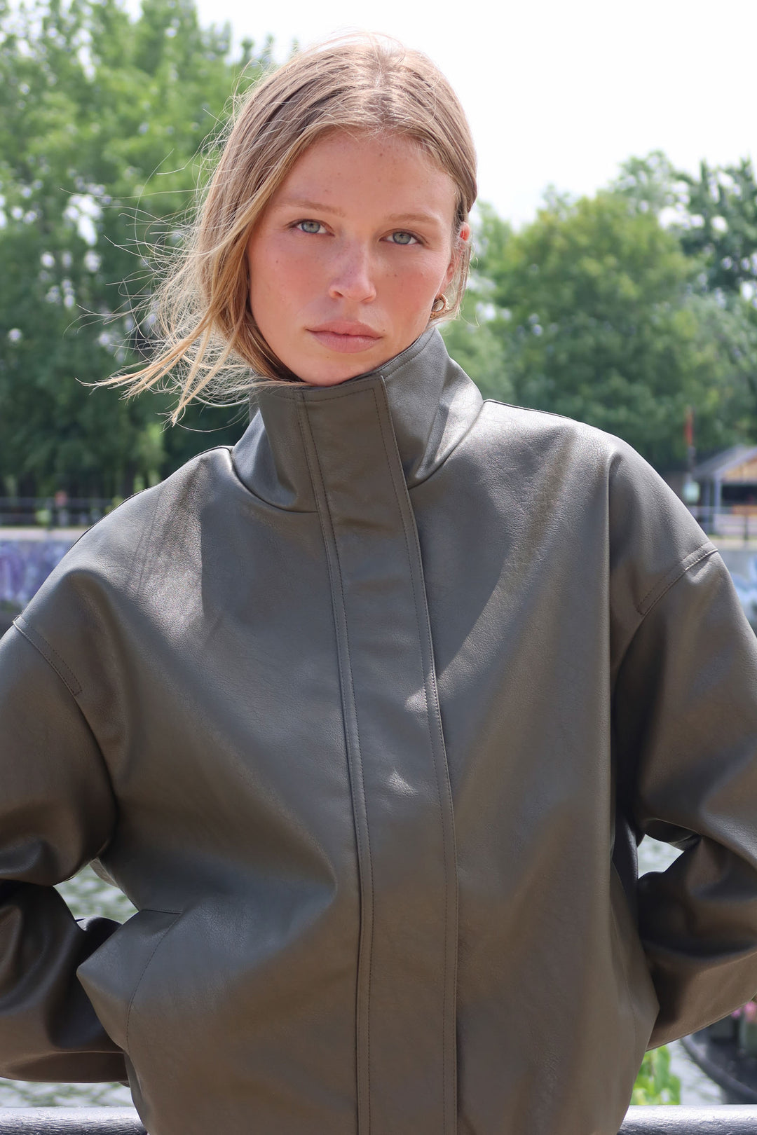 Faux Leather High Collar Jacket