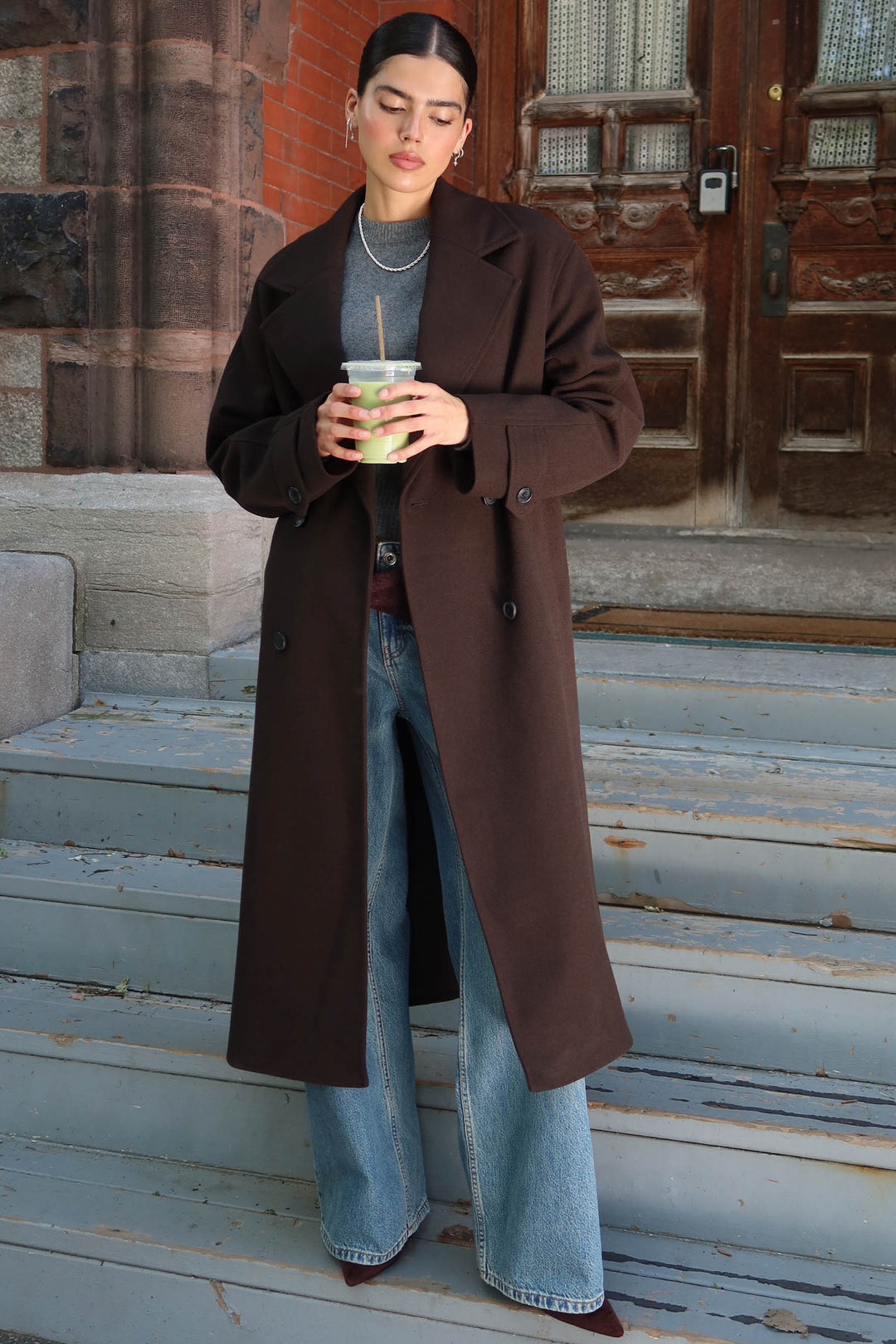 Oversized Herringbone Double Breasted Coat