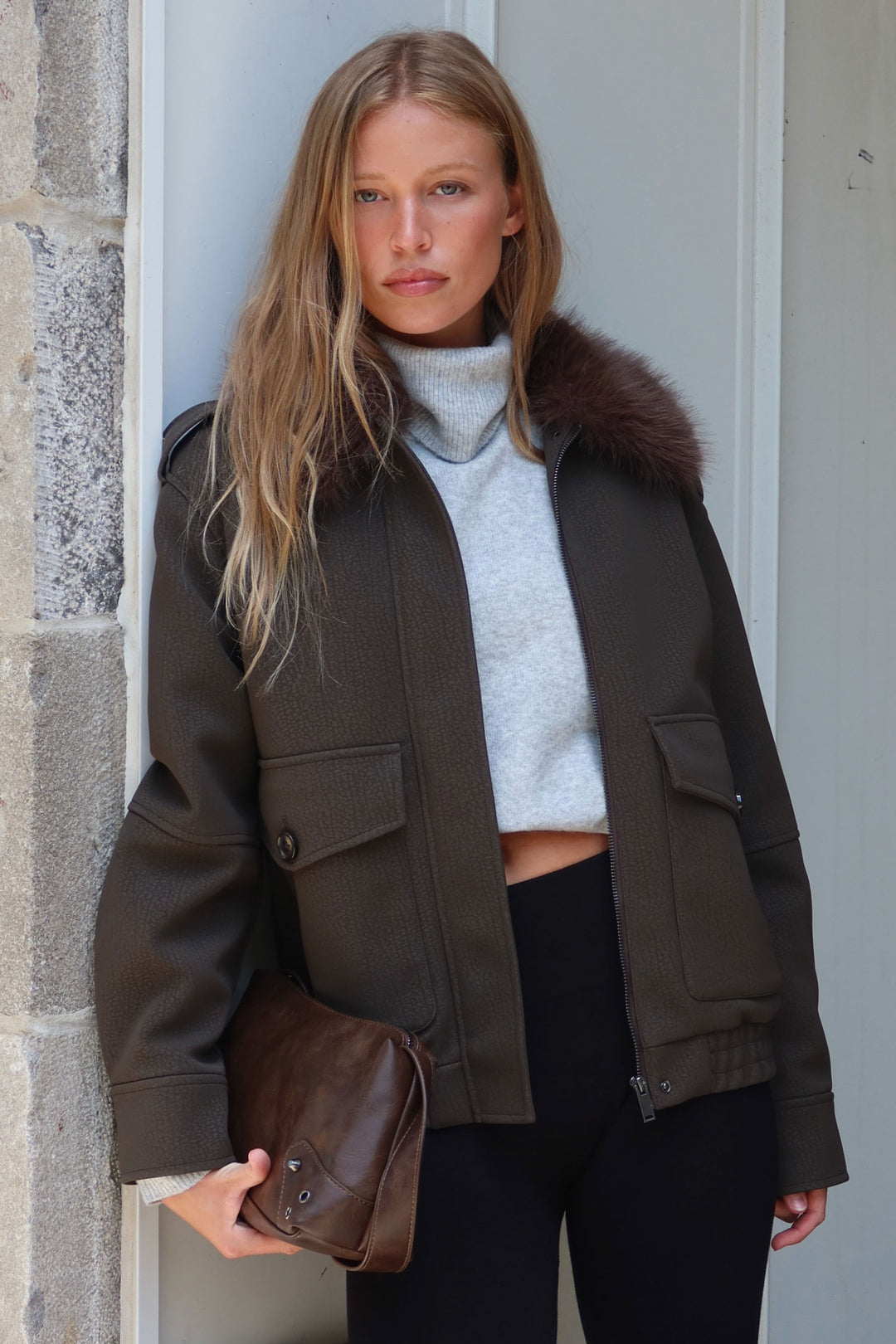 Faux Leather Jacket with Removable Collar