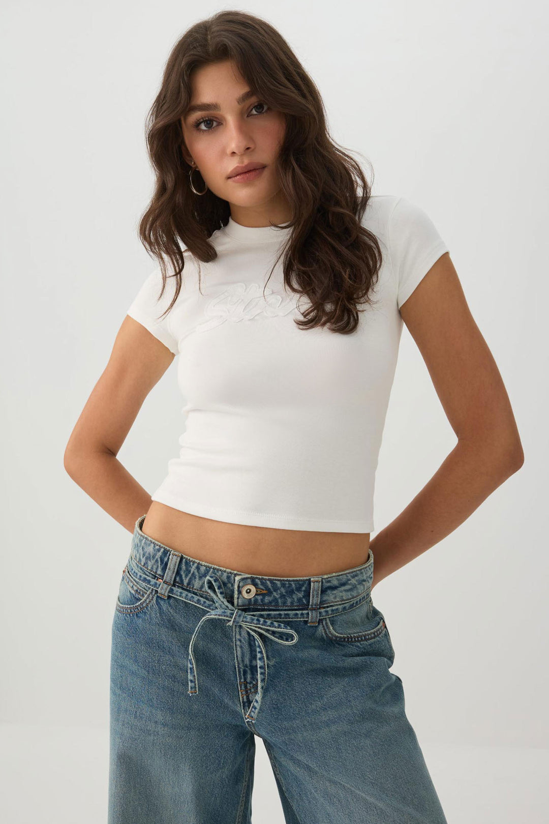 Embroidered Fine Rib Cropped T-Shirt