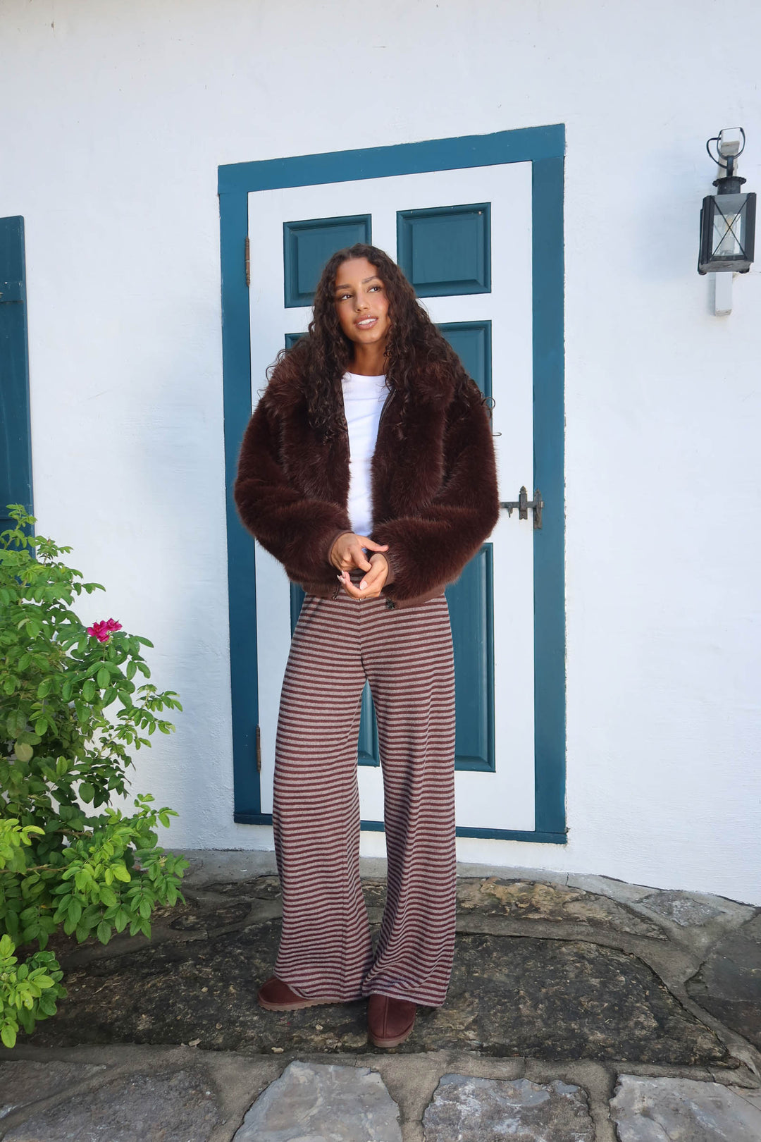 Striped Brushed Knit Wide Leg Pants