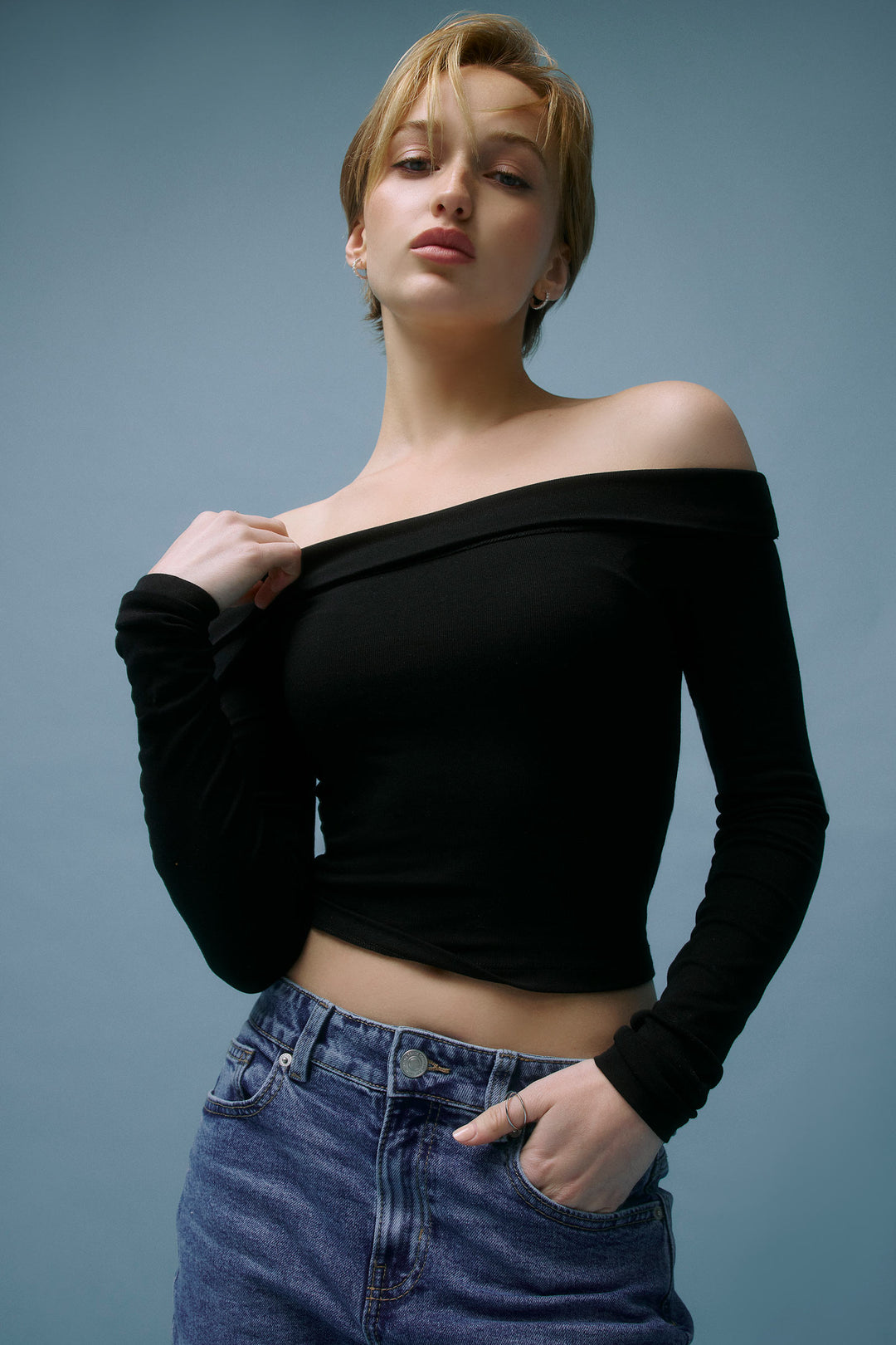 Crop Off Shoulder Long Sleeve Top