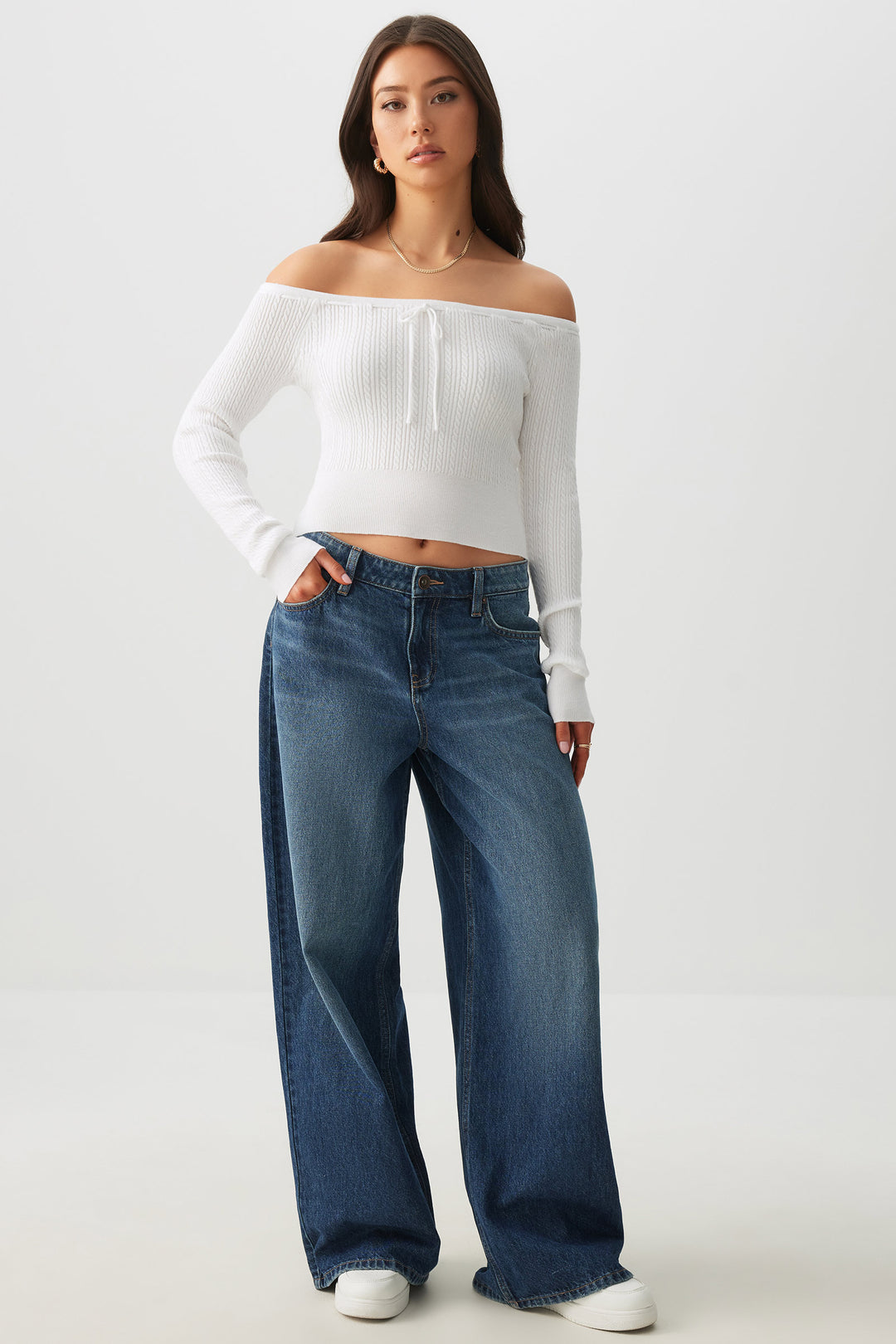 Off Shoulder Cable Knit Sweater