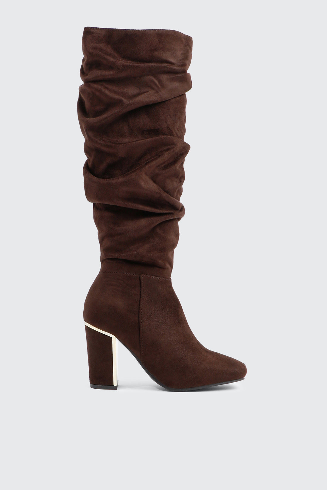 Ruched Block Heel Knee High Boots