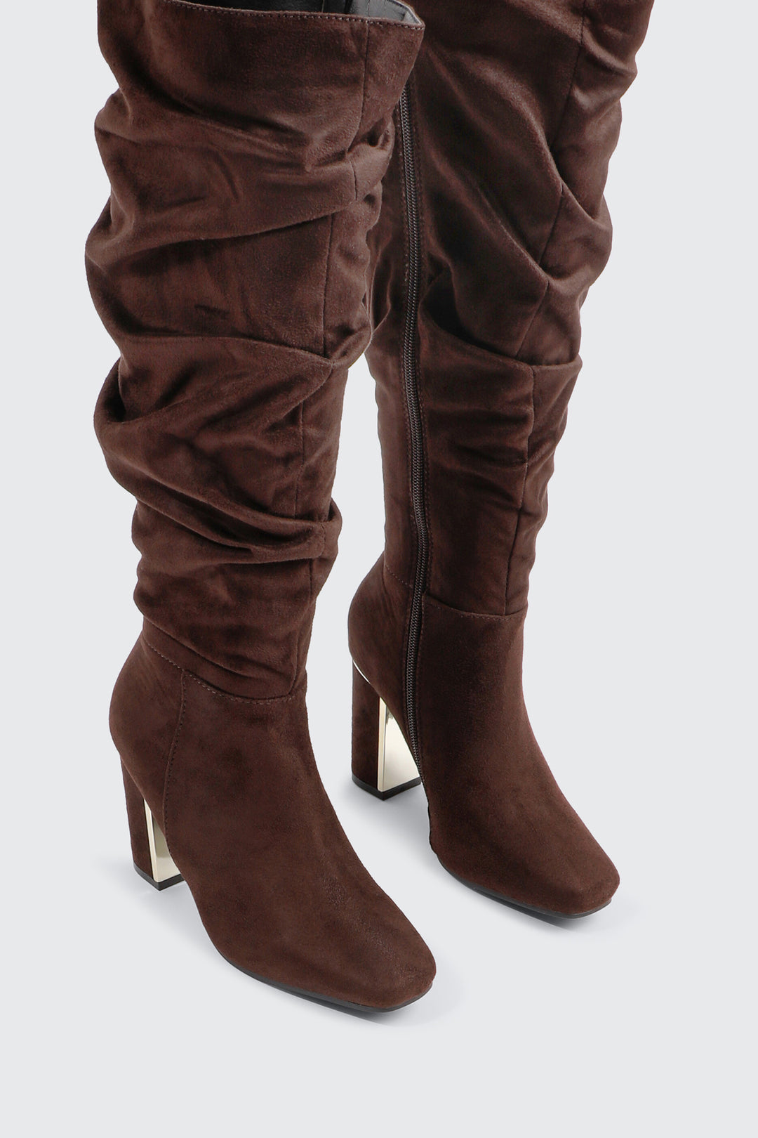 Ruched Block Heel Knee High Boots