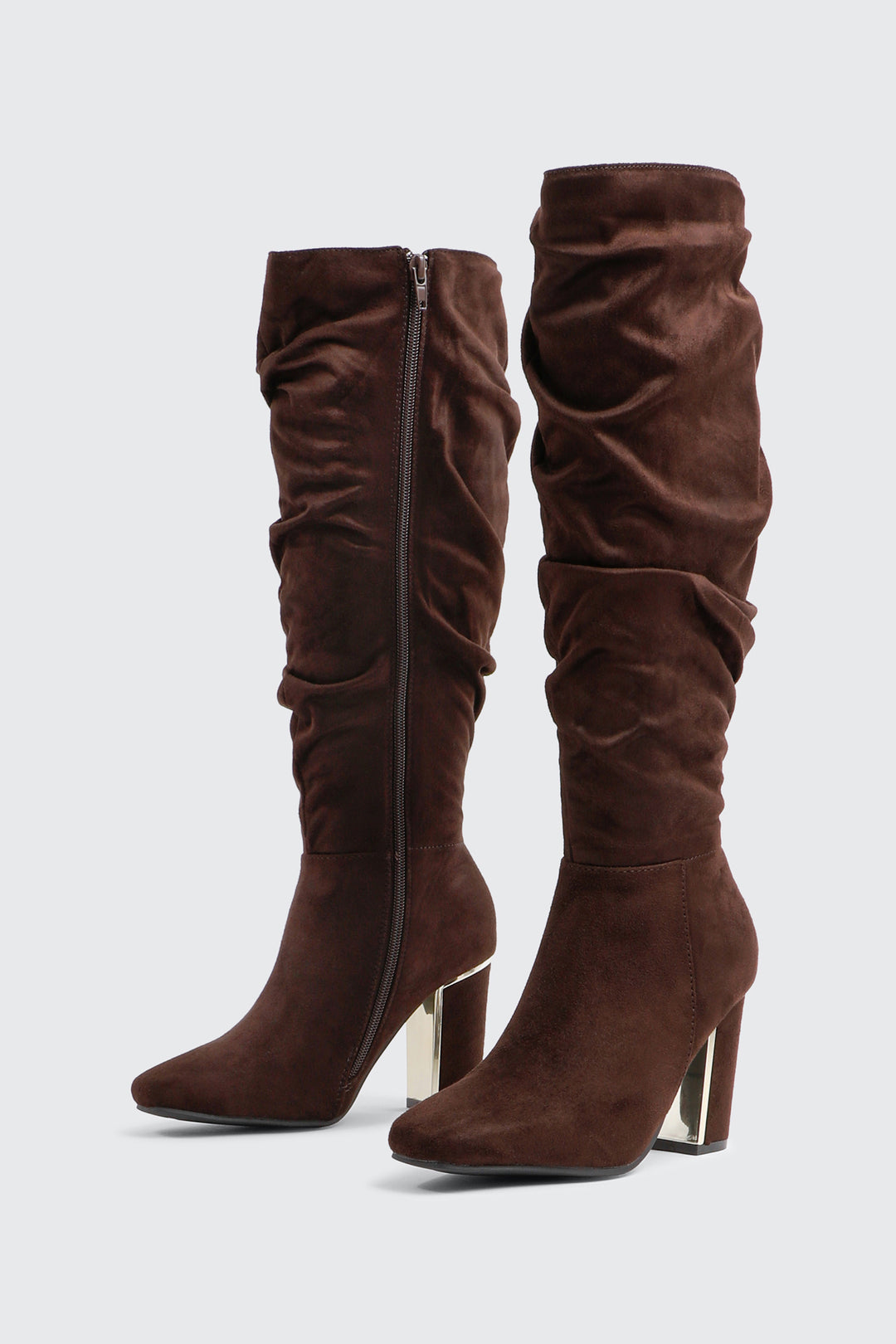 Ruched Block Heel Knee High Boots