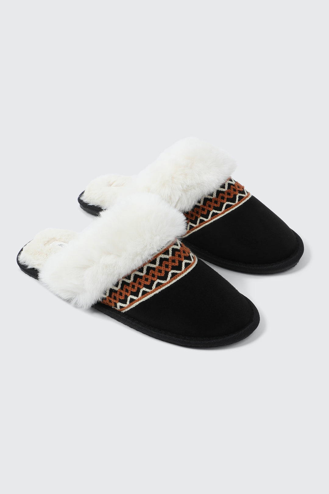 Slippers with Faux Fur Trim and Embroidery