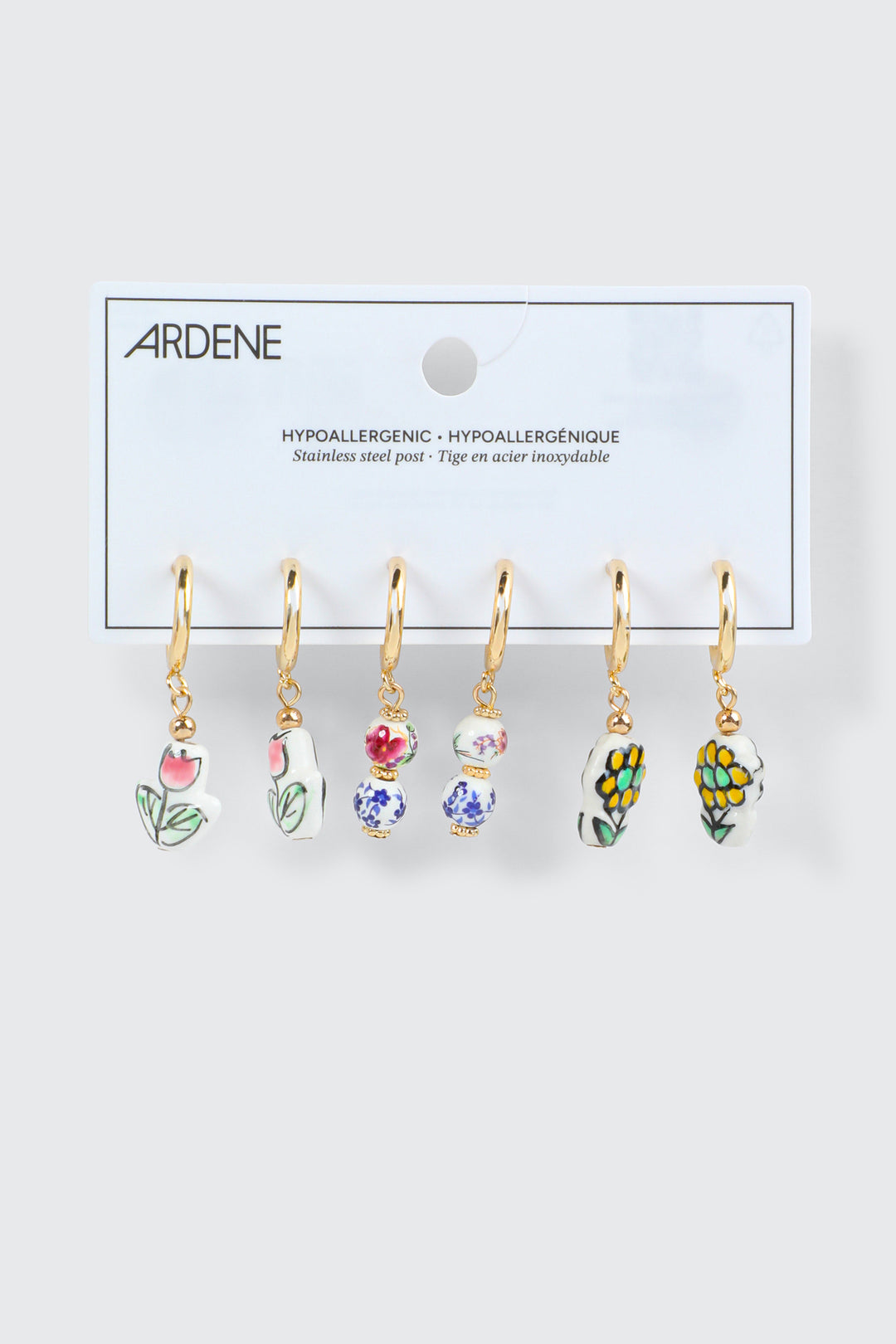 3-Pack Ceramic Flower Charm Hoops Earrings