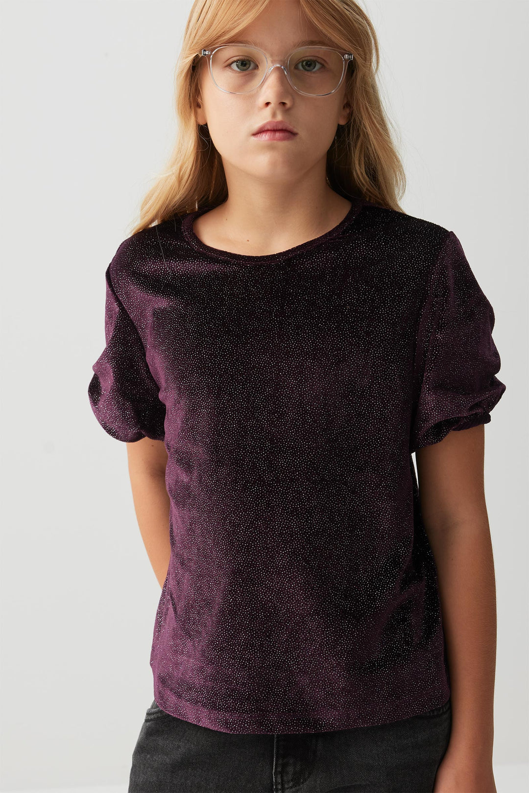 Shiny Velvet Puff Sleeve Top