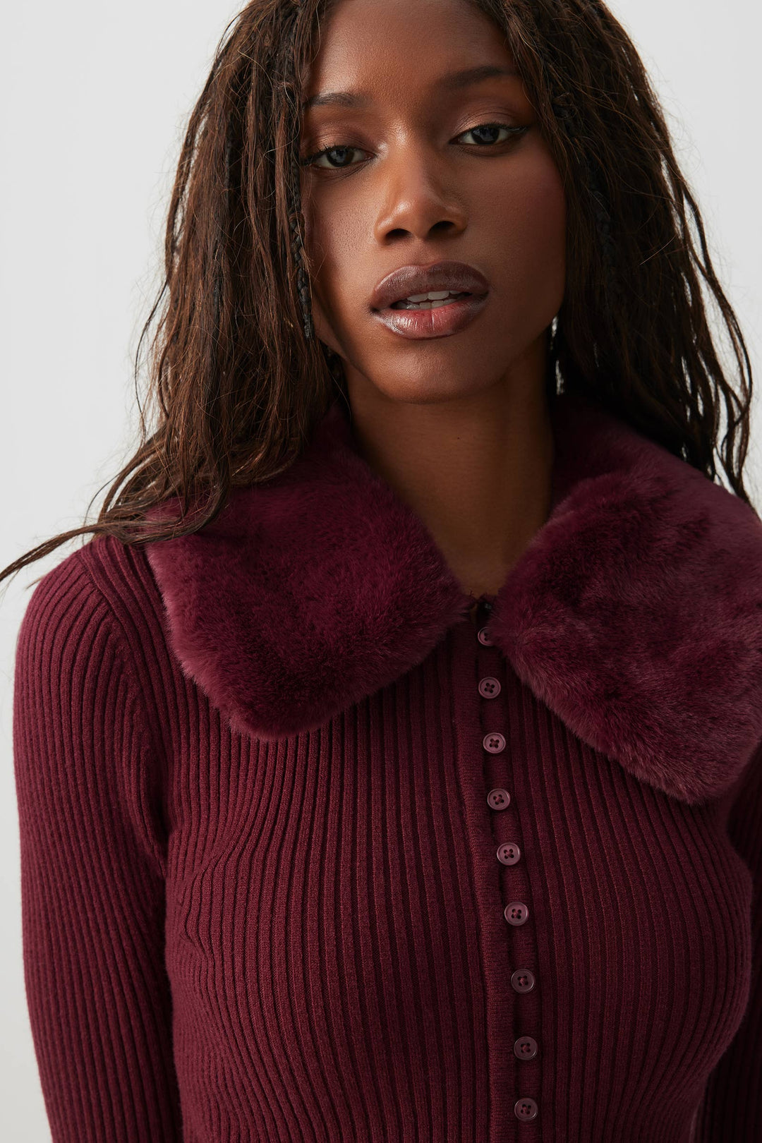 Short Cardigan with Removable Faux Fur Collar