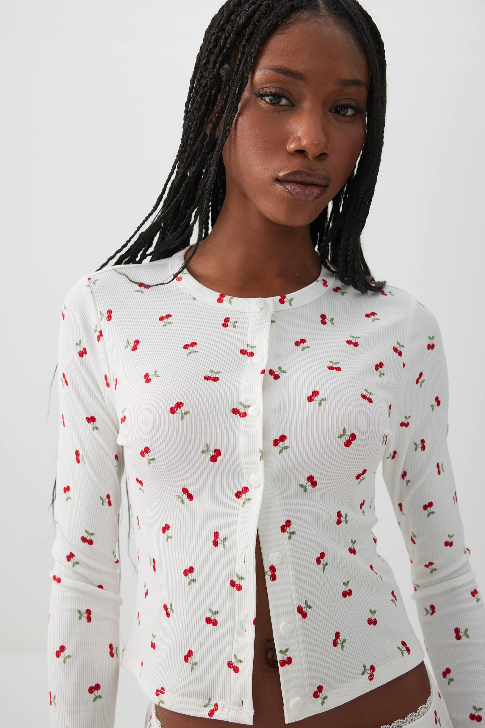 pois compact Suzanne's | 65 Studio | Cardigan Eyelet Sleeve ¾ ホワイト cardigan rib トップス