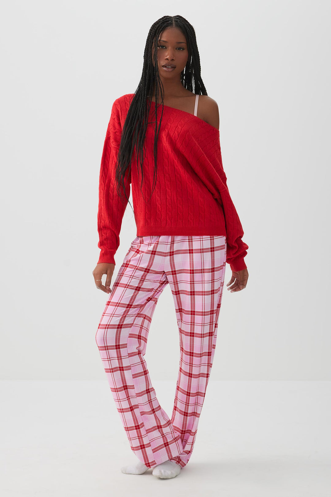 Off Shoulder Cable Knit Lounge Sweater