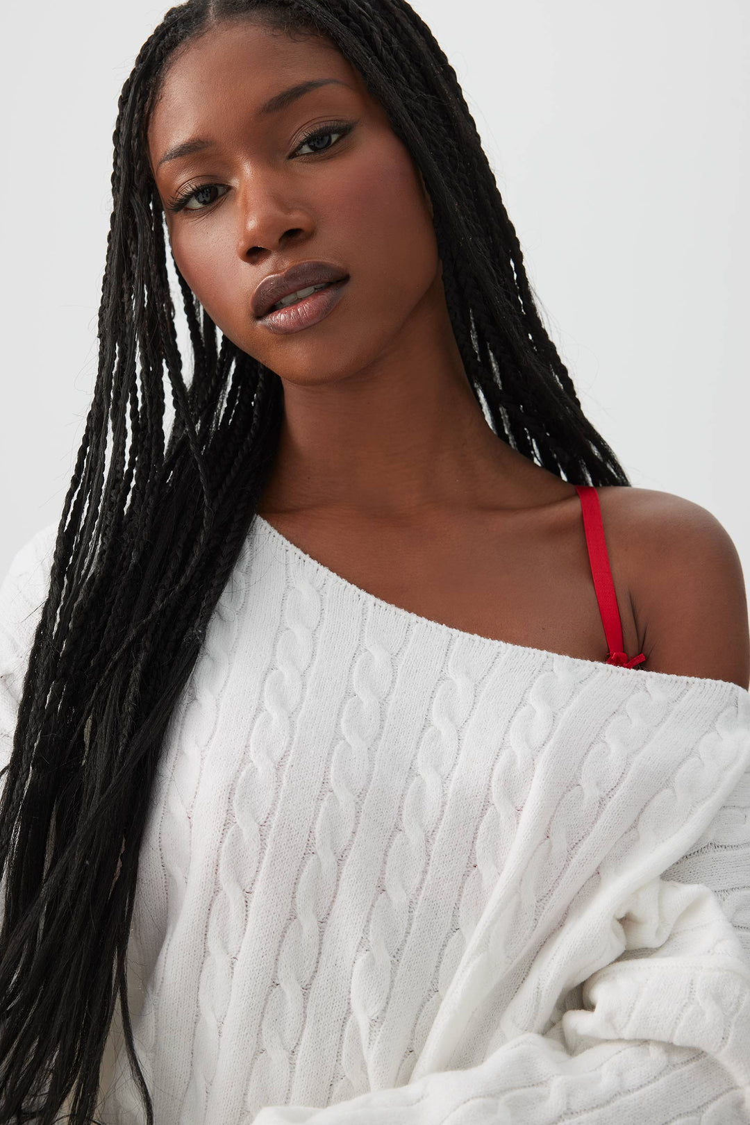 Off Shoulder Cable Knit Lounge Sweater