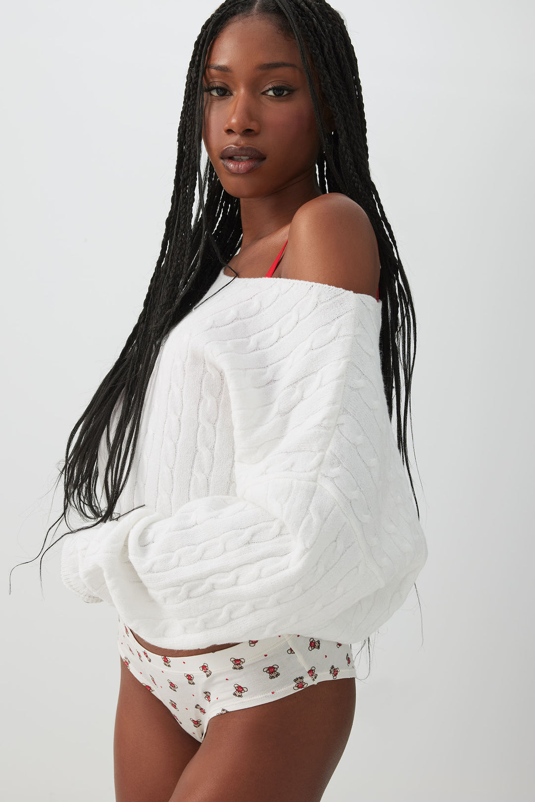 Off Shoulder Cable Knit Lounge Sweater