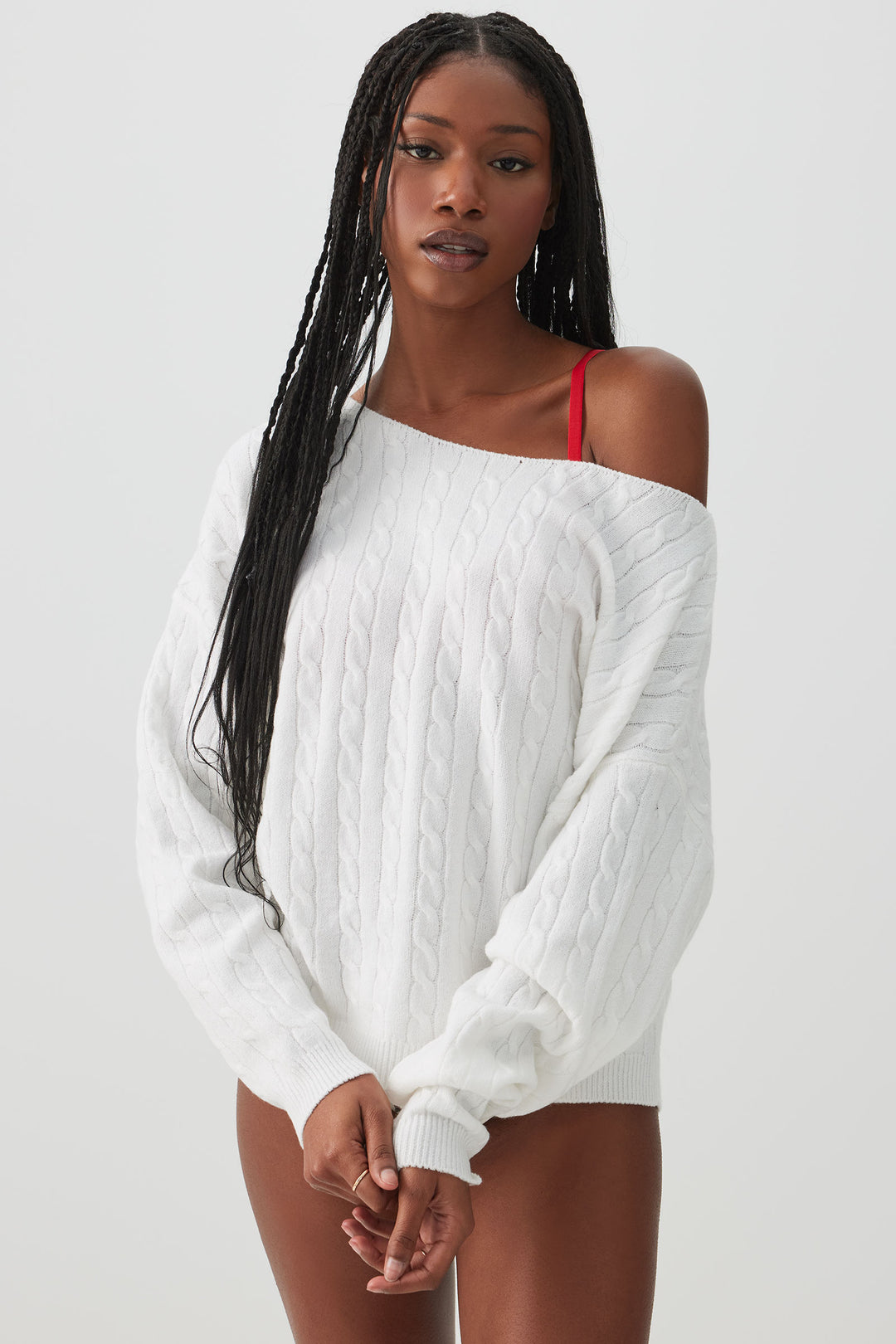 Off Shoulder Cable Knit Lounge Sweater