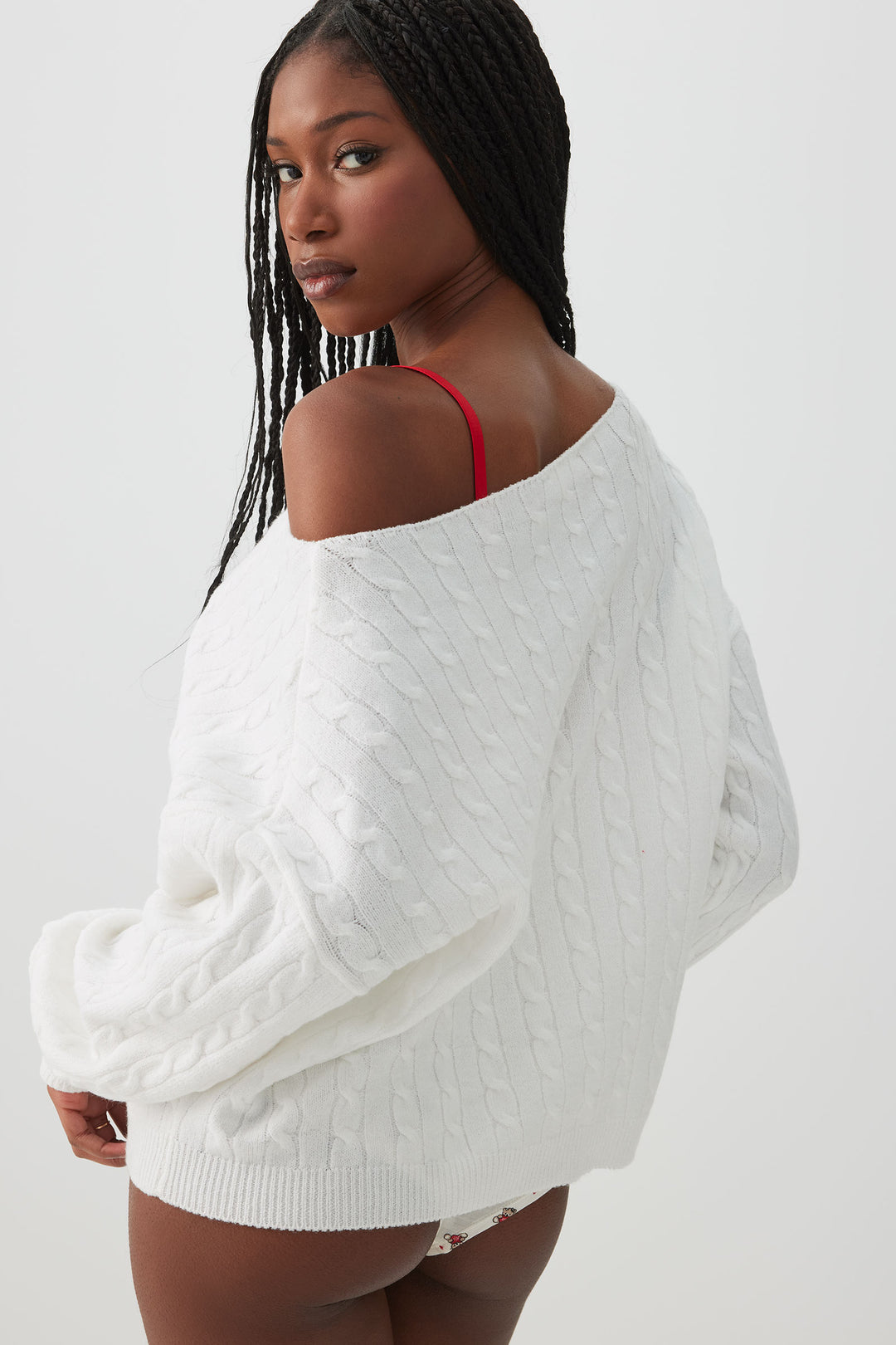 Off Shoulder Cable Knit Lounge Sweater