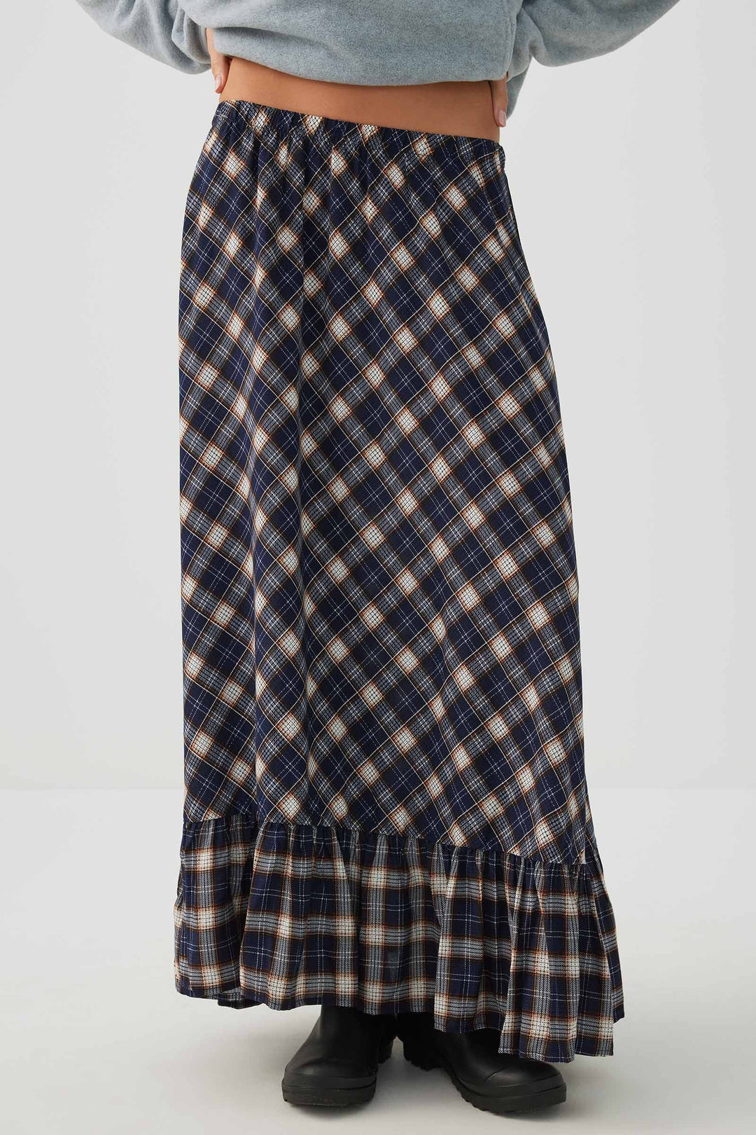 Plaid Ruffle Maxi Skirt
