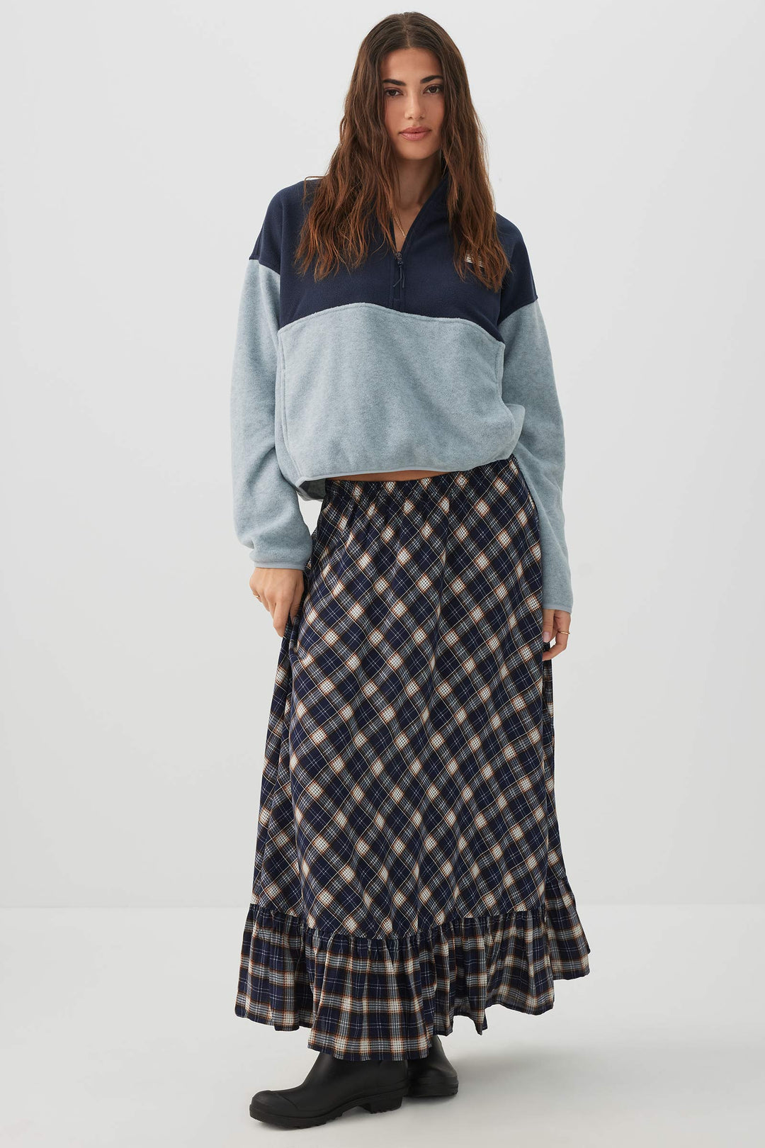 Plaid Ruffle Maxi Skirt