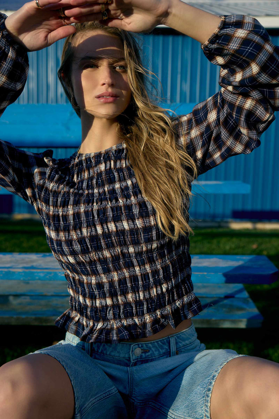 Blouse froissée à carreaux