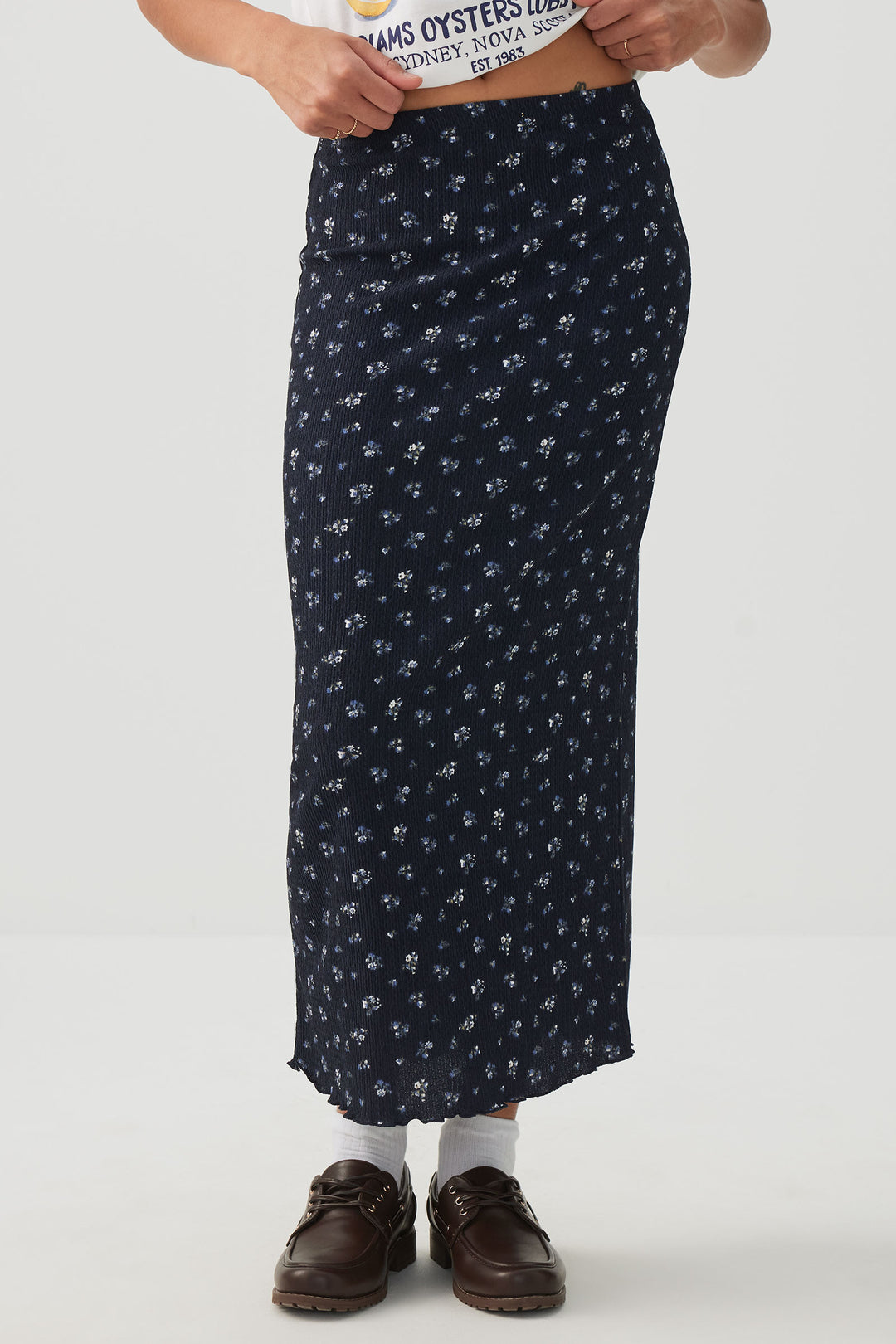 Floral Lettuce Hem Midi Skirt