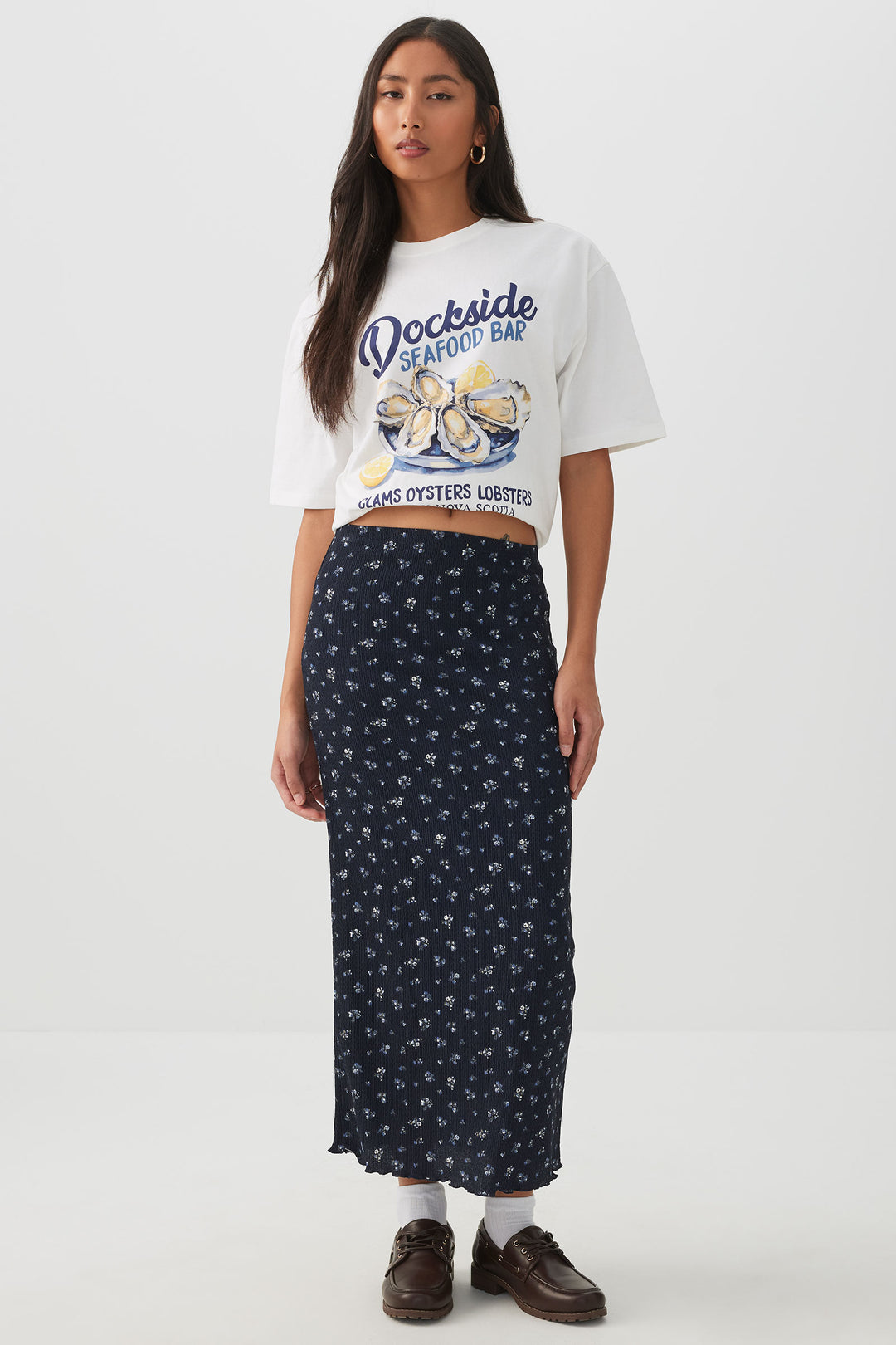 Floral Lettuce Hem Midi Skirt