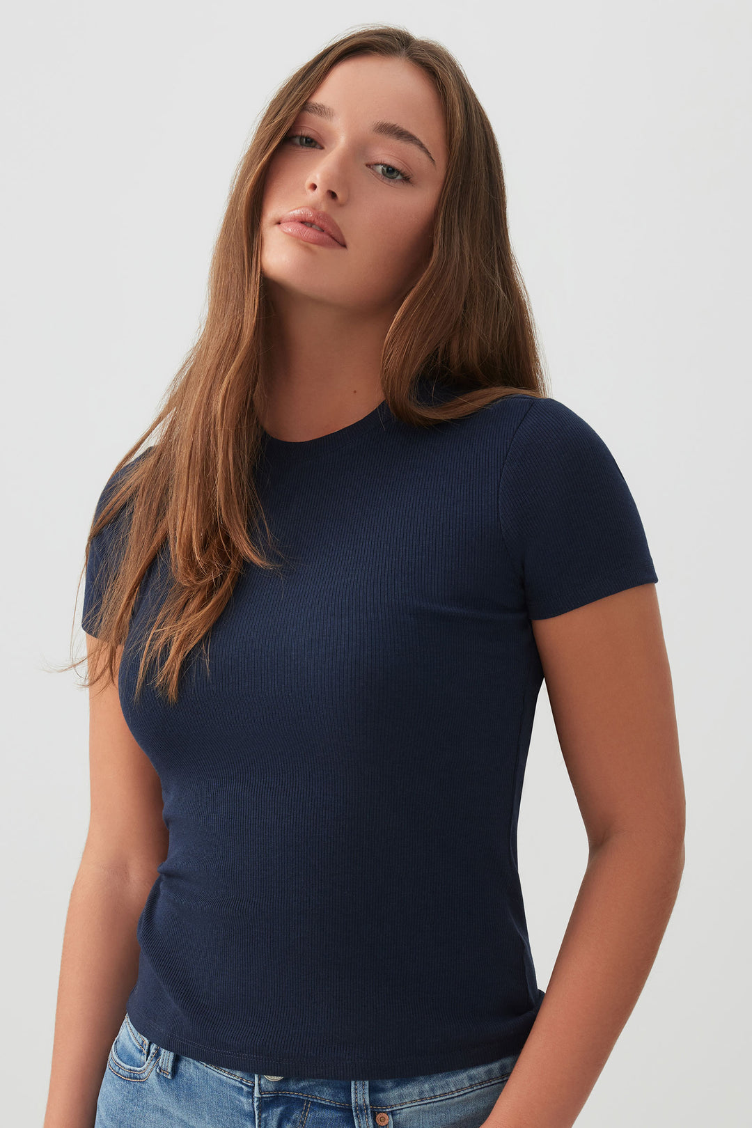 T-shirt court à col rond côtelé