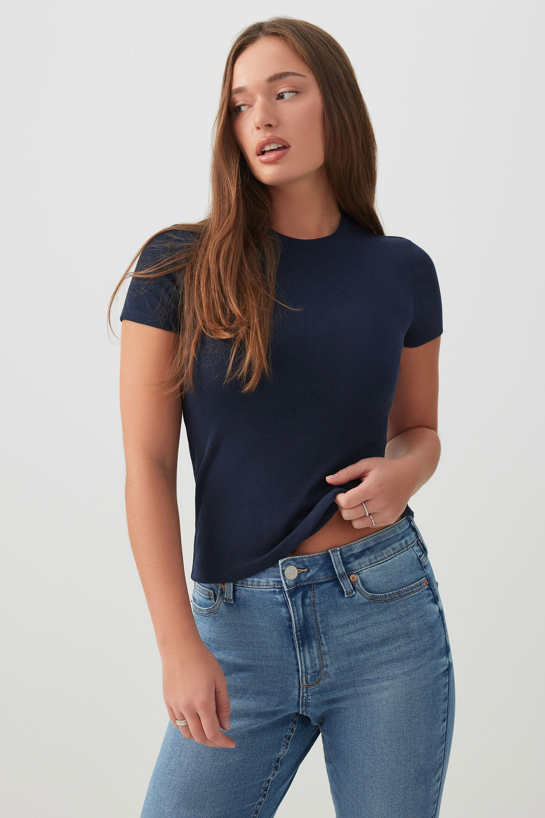 T-shirt court à col rond côtelé