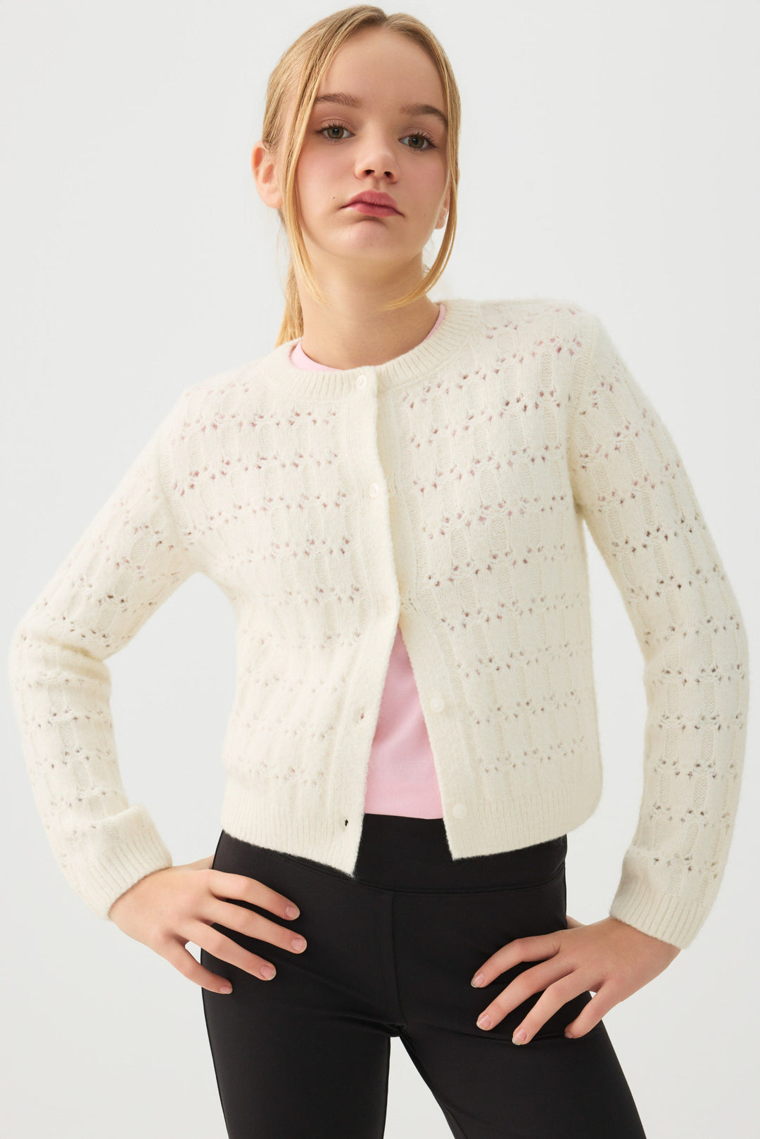 Pointelle Crew Neck Cardigan