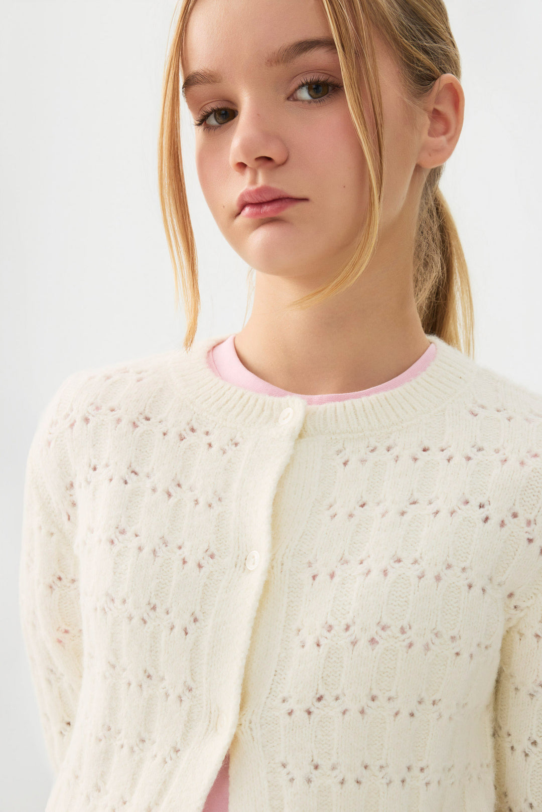 Pointelle Crew Neck Cardigan