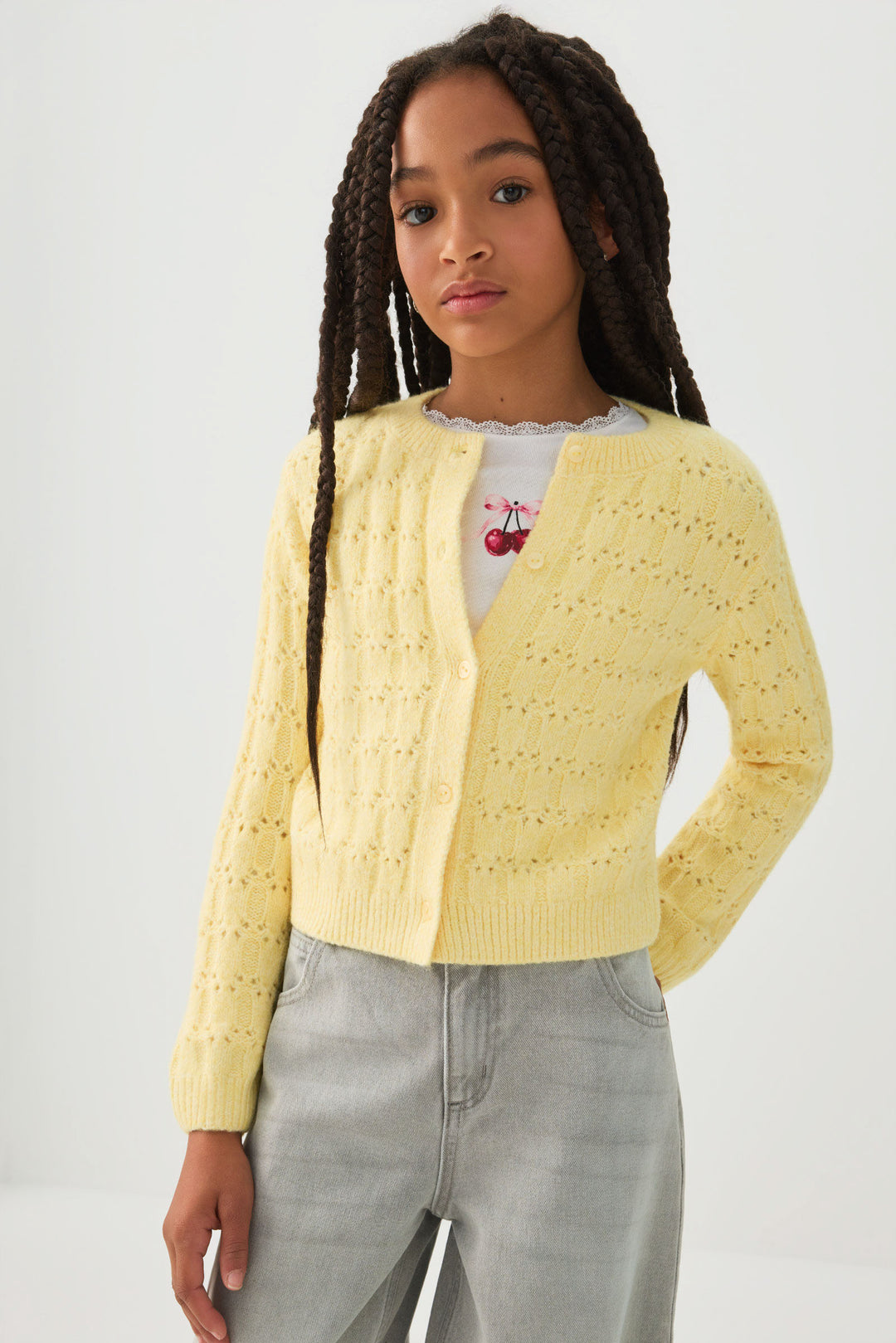 Pointelle Crew Neck Cardigan