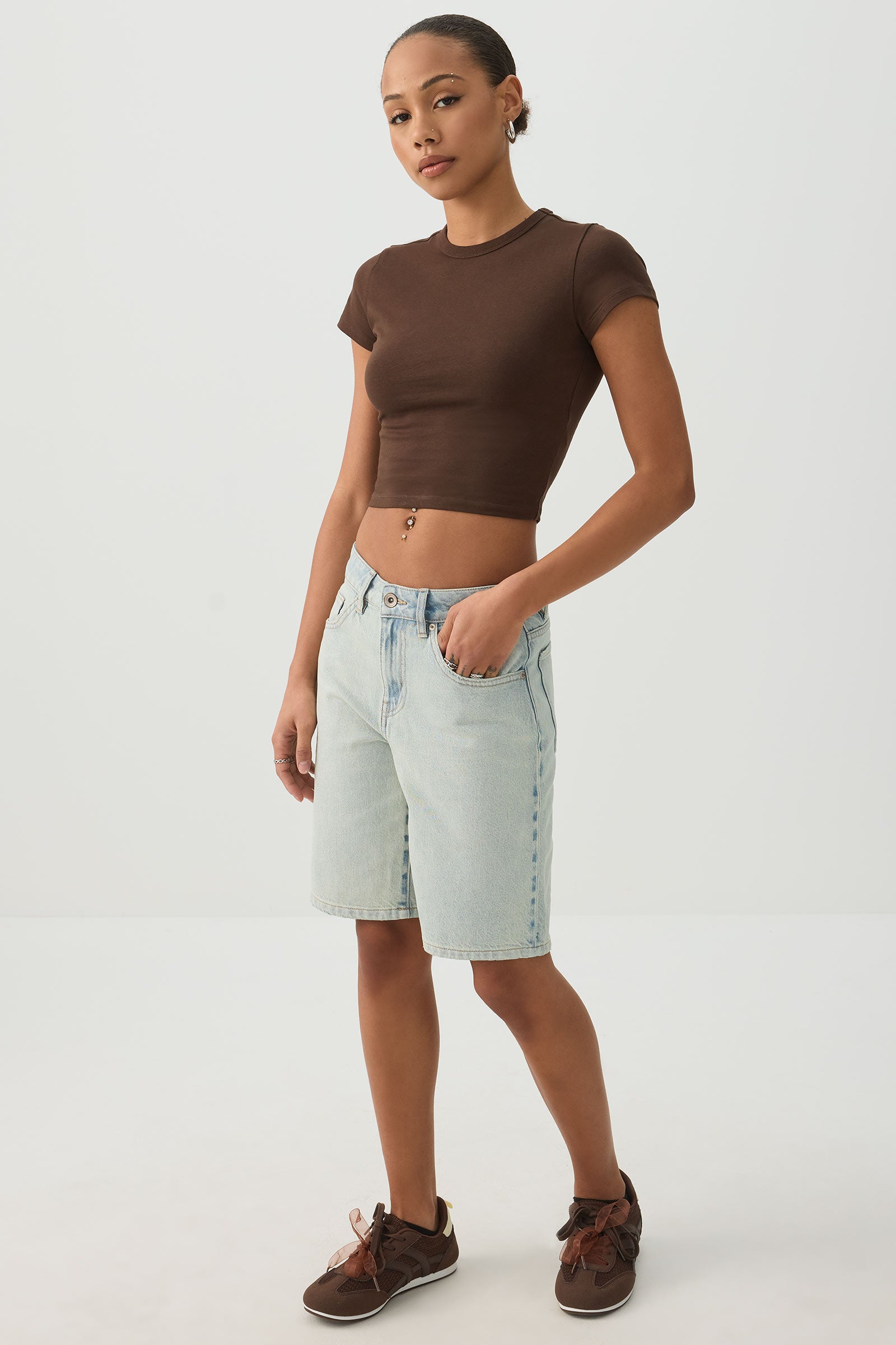High Rise Denim Bermuda Shorts Light Blue | Ardene Canada