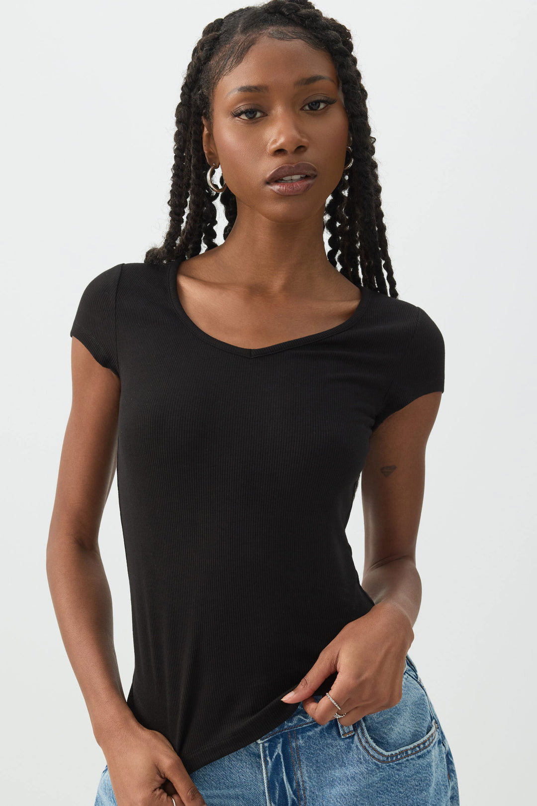 Stretch Rib Scoop Neck Cap Sleeve Top