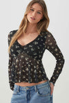 Printed Mesh V-Neck Blouse