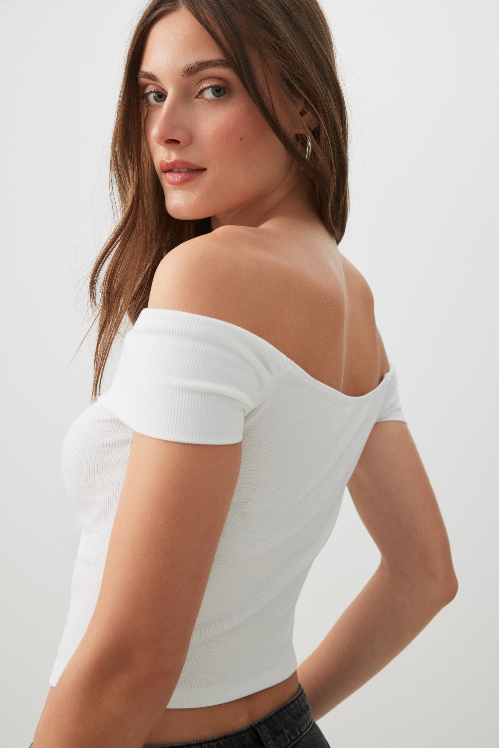 トップス MULTI SHOULDER PARTS RIB TOPS Eaphi Versona | cache off the shoulder multicolor stripe top