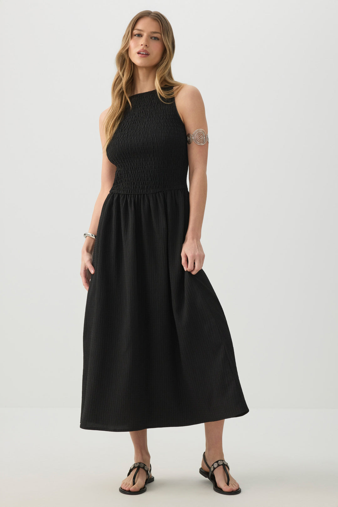 High Neck Smocked Midi Dress
