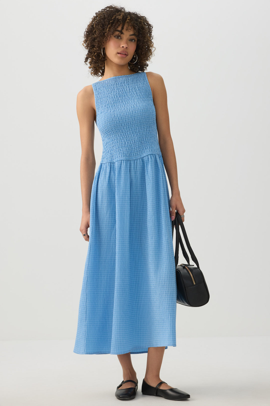 High Neck Smocked Midi Dress