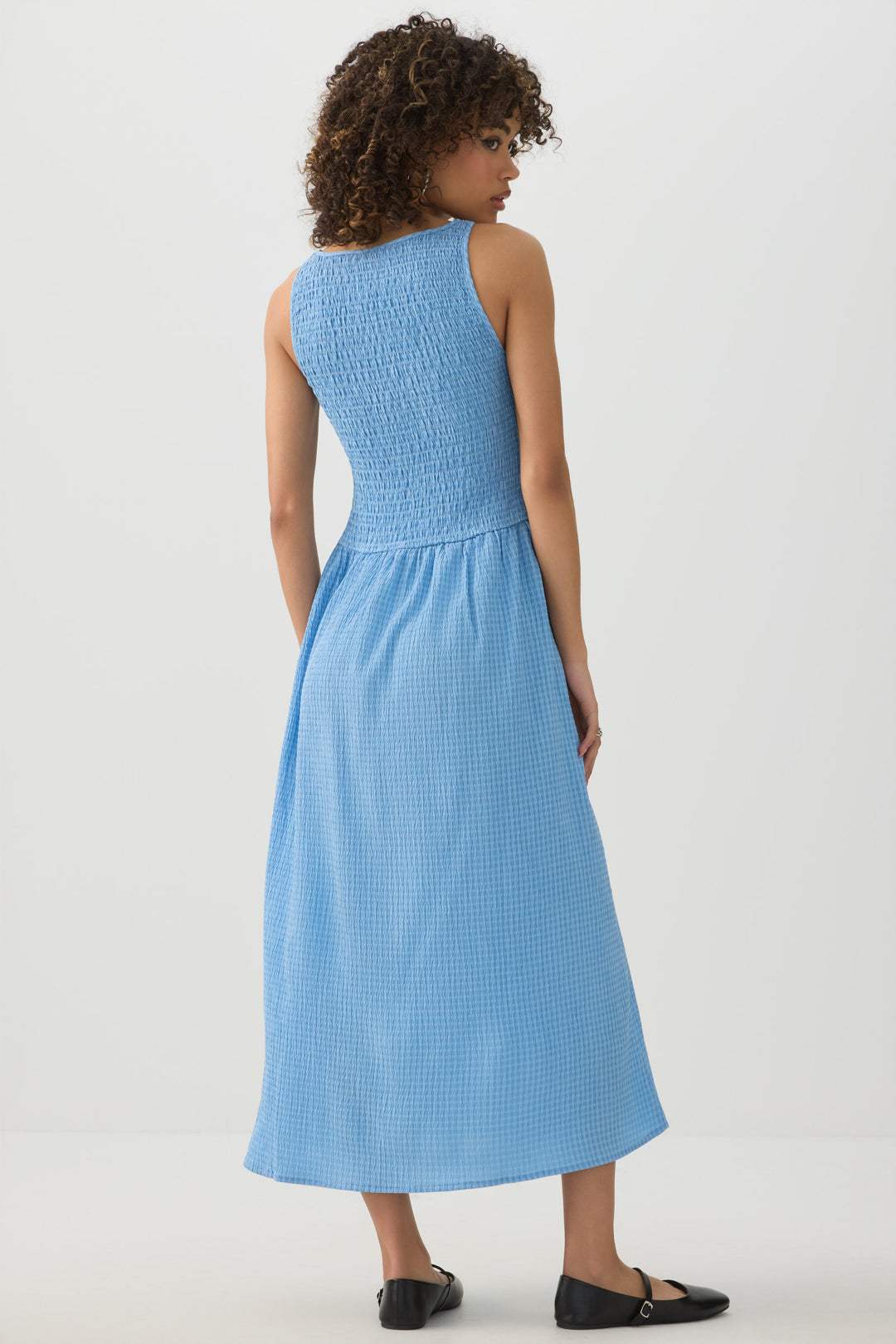 High Neck Smocked Midi Dress