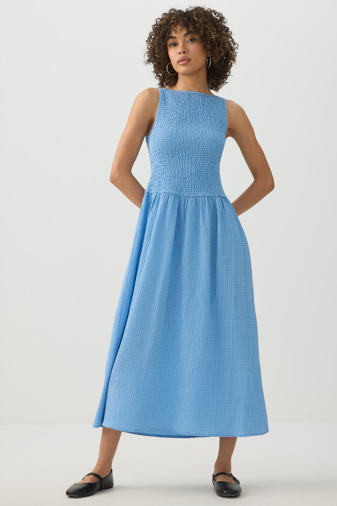 High Neck Smocked Midi Dress